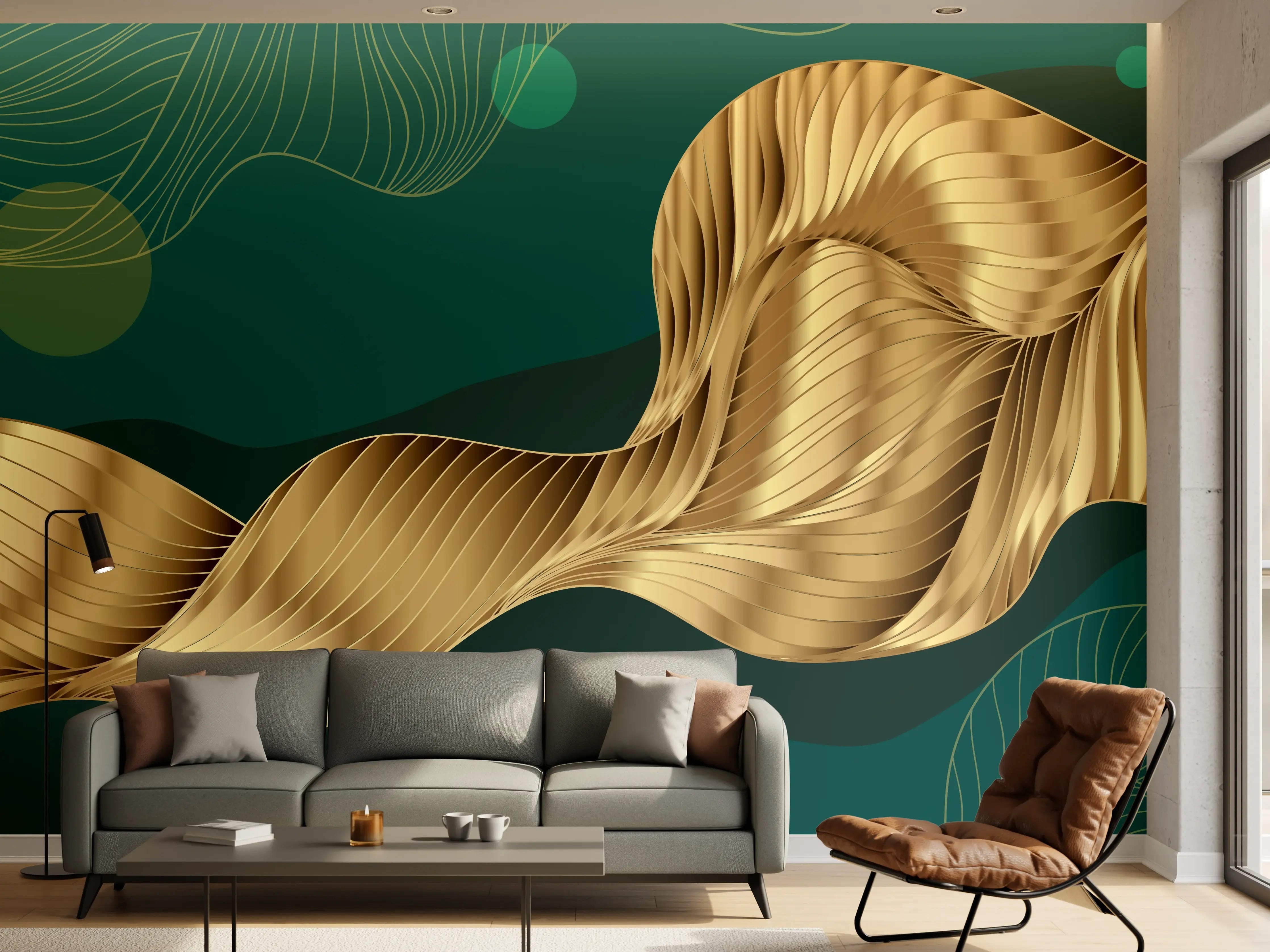 Wandverkleidung Wohnzimmer - Abstrakte Wellen Gold Hintergrund