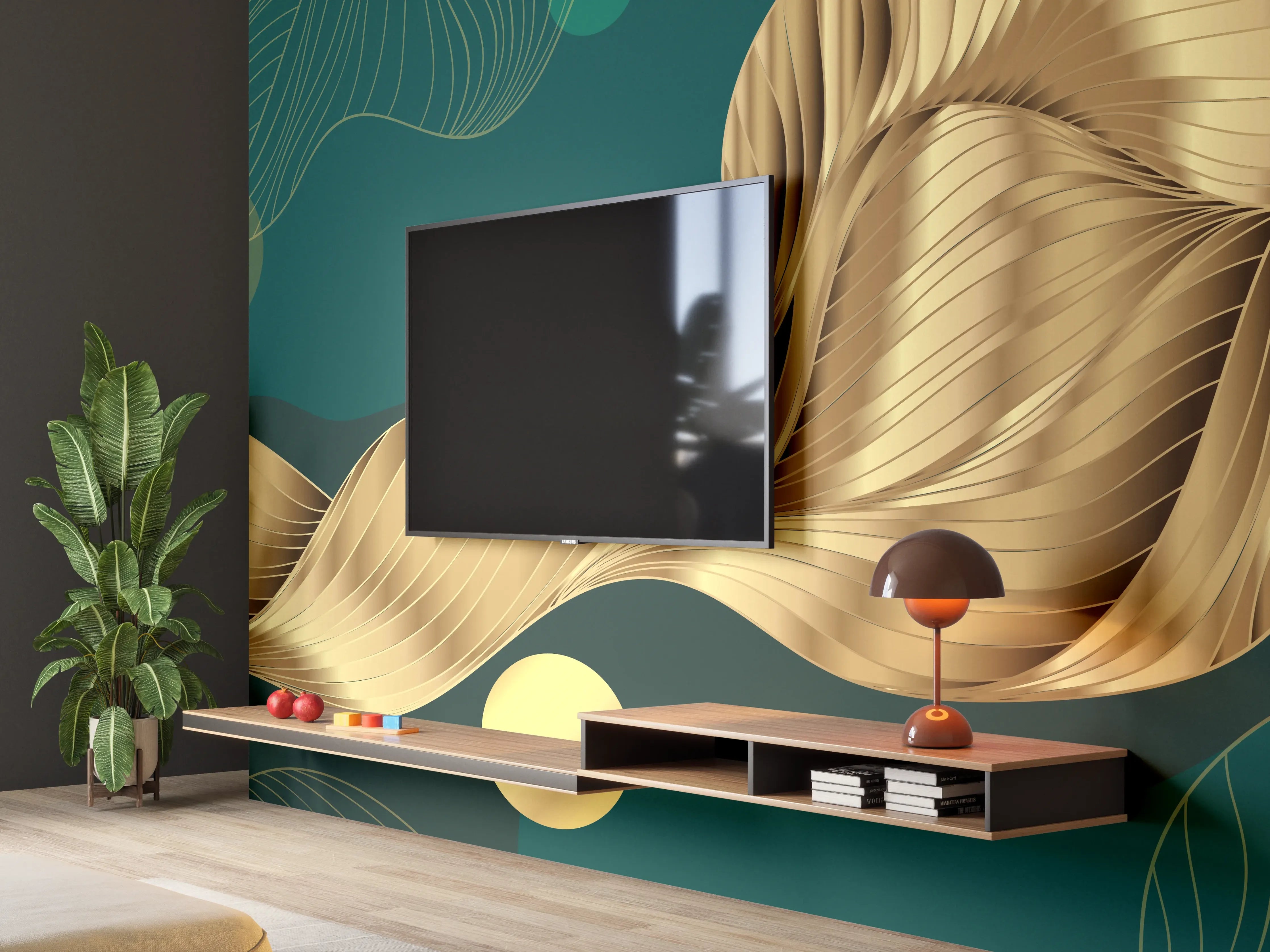 Wandverkleidung Wohnzimmer - Abstrakte Wellen Gold Hintergrund