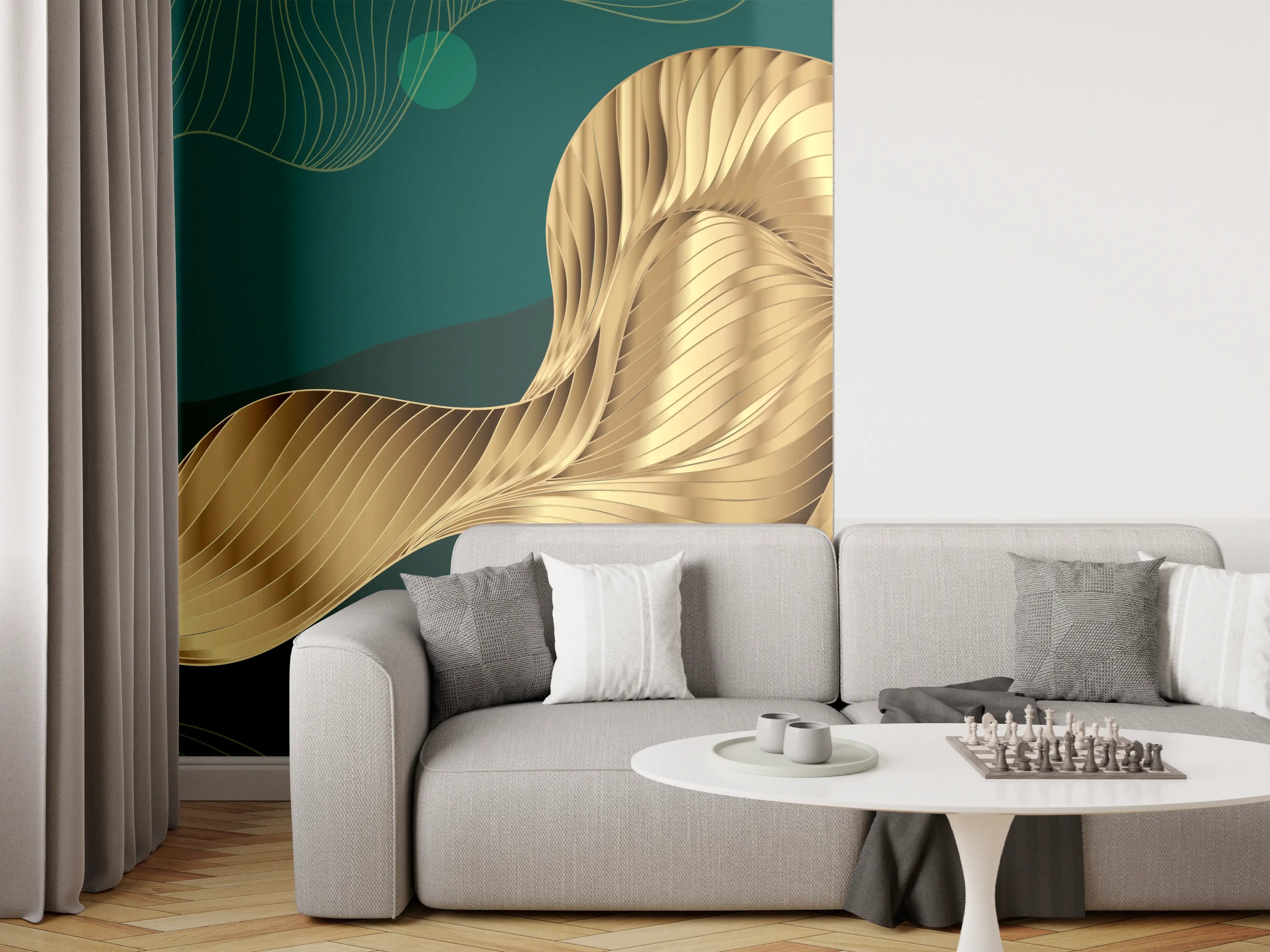 Wandverkleidung Wohnzimmer - Abstrakte Wellen Gold Hintergrund