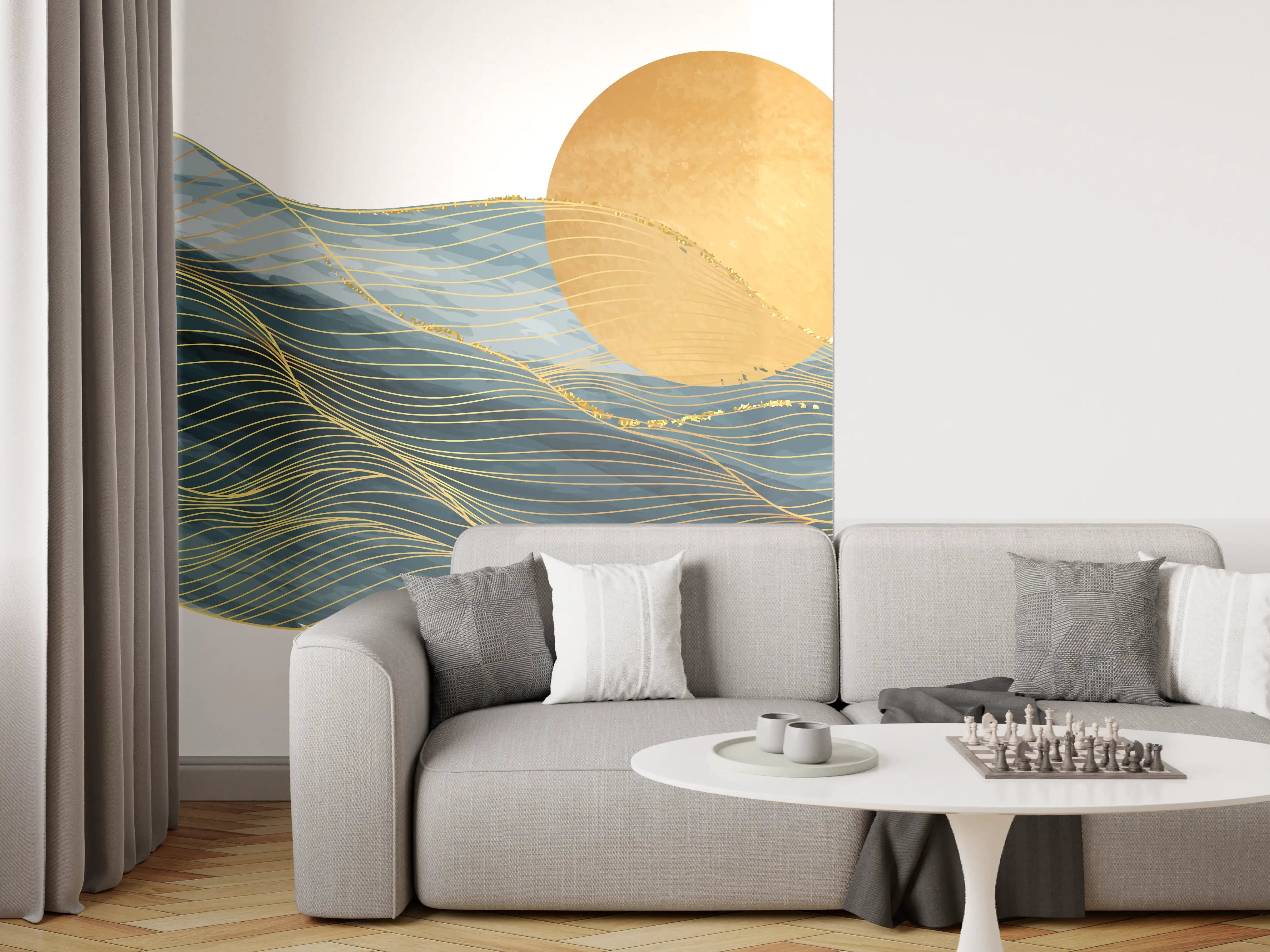 Wandverkleidung Wohnzimmer - Abstrakte Wellen Goldakzente