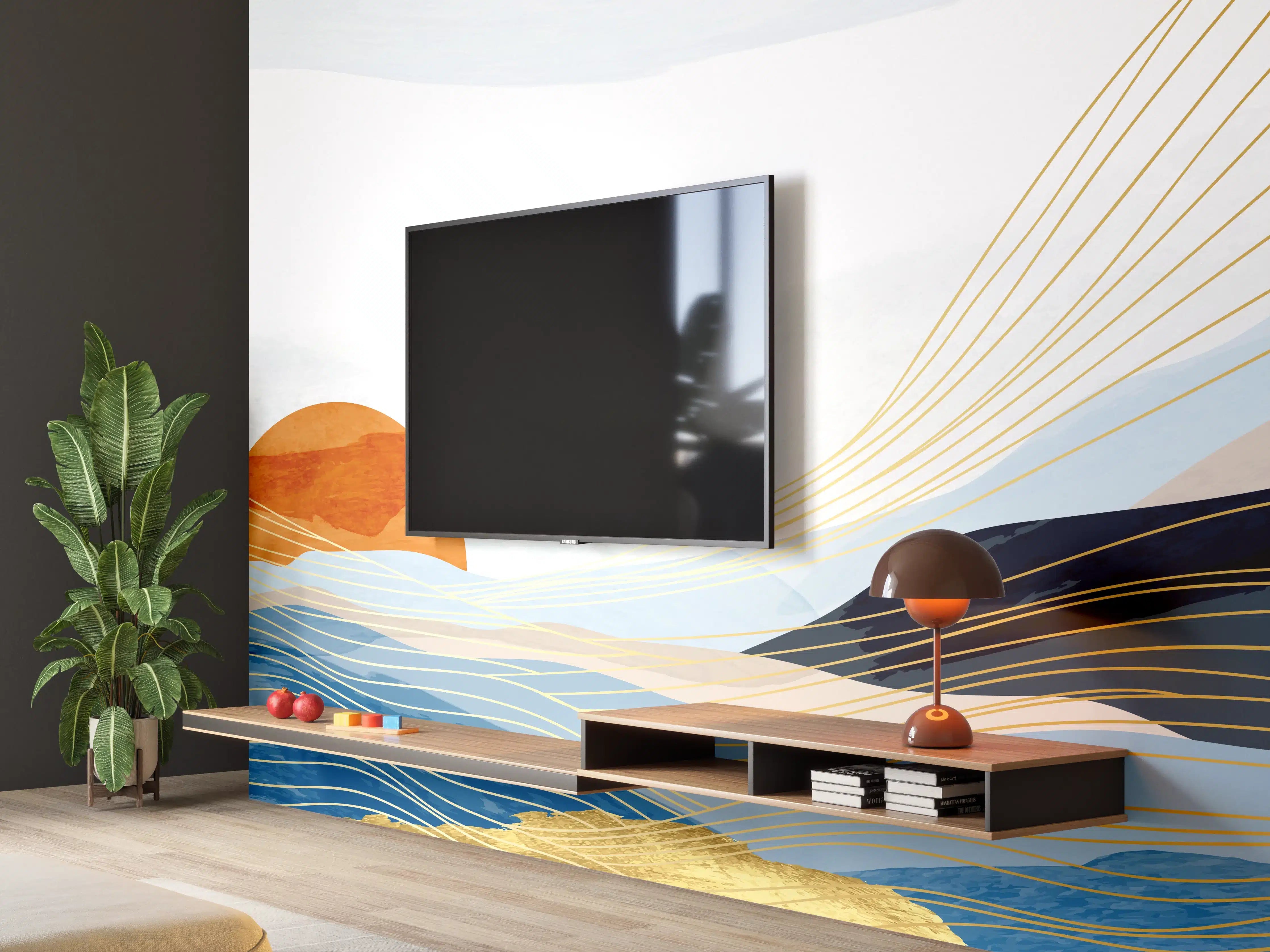 Wandverkleidung Wohnzimmer - Abstrakte Wellen Kunst Sonnenaufgang
