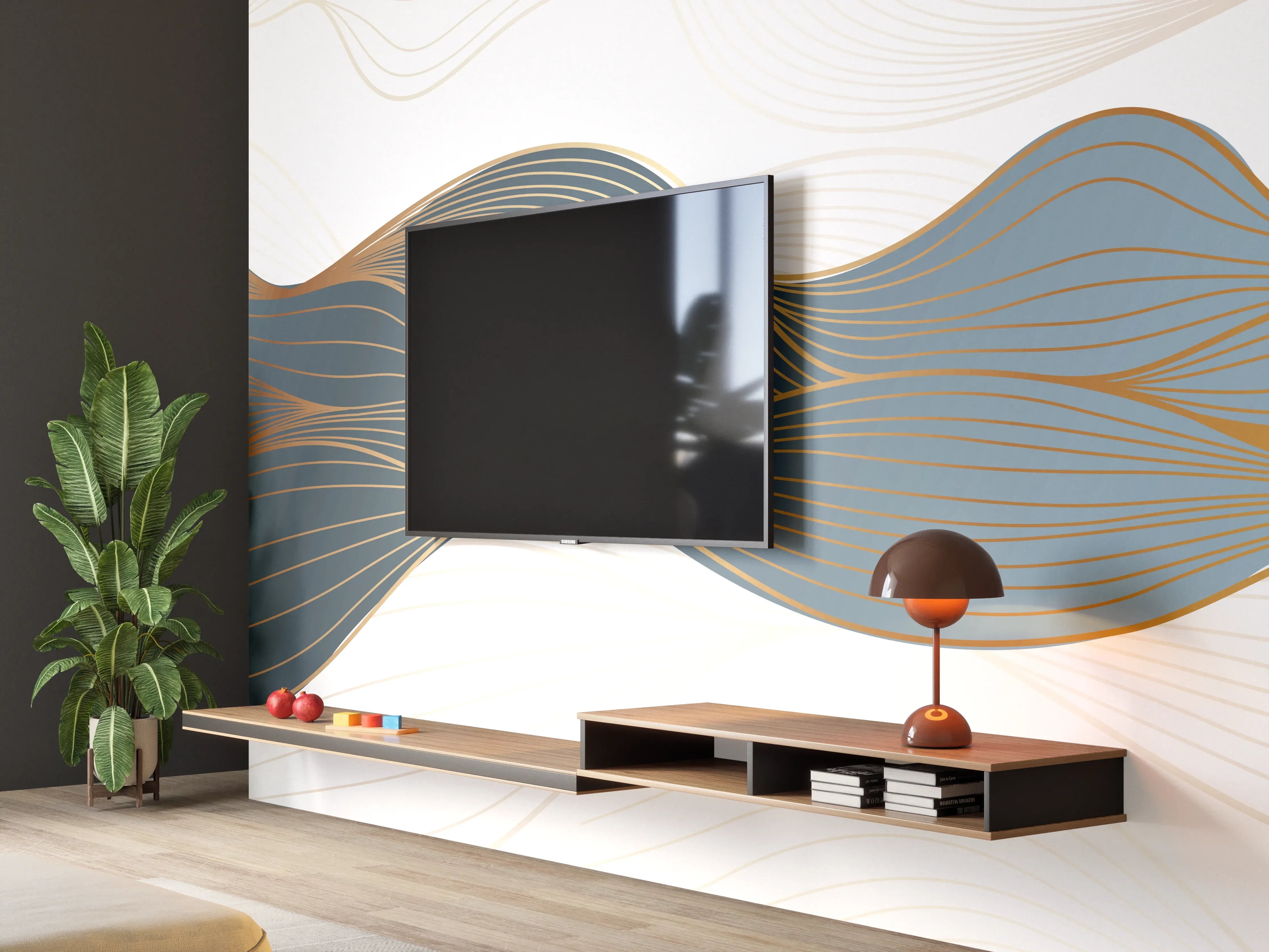 Wandverkleidung Wohnzimmer - Abstrakte Wellenlinien Gold Blau