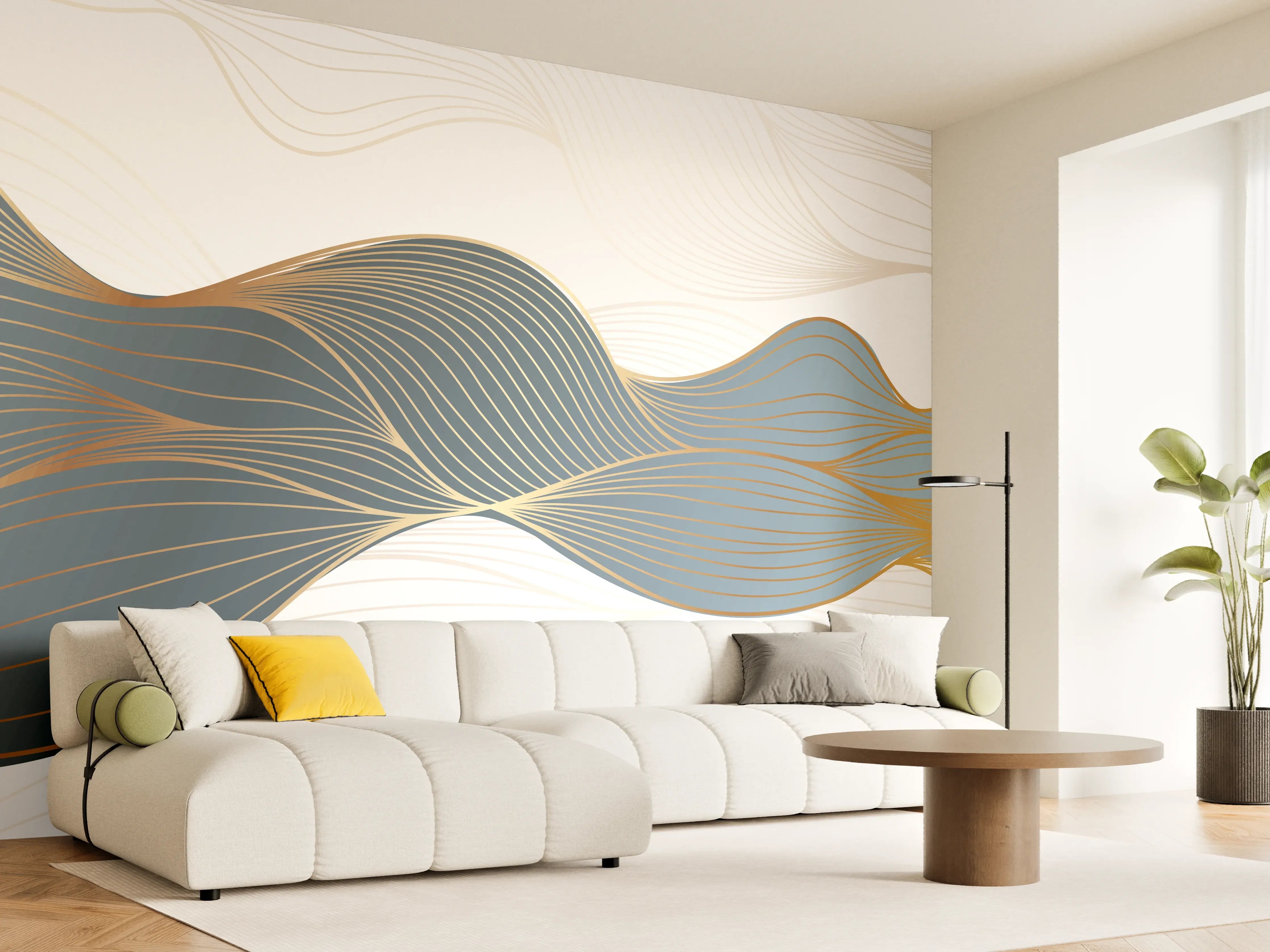 Wandverkleidung Wohnzimmer - Abstrakte Wellenlinien Gold Blau