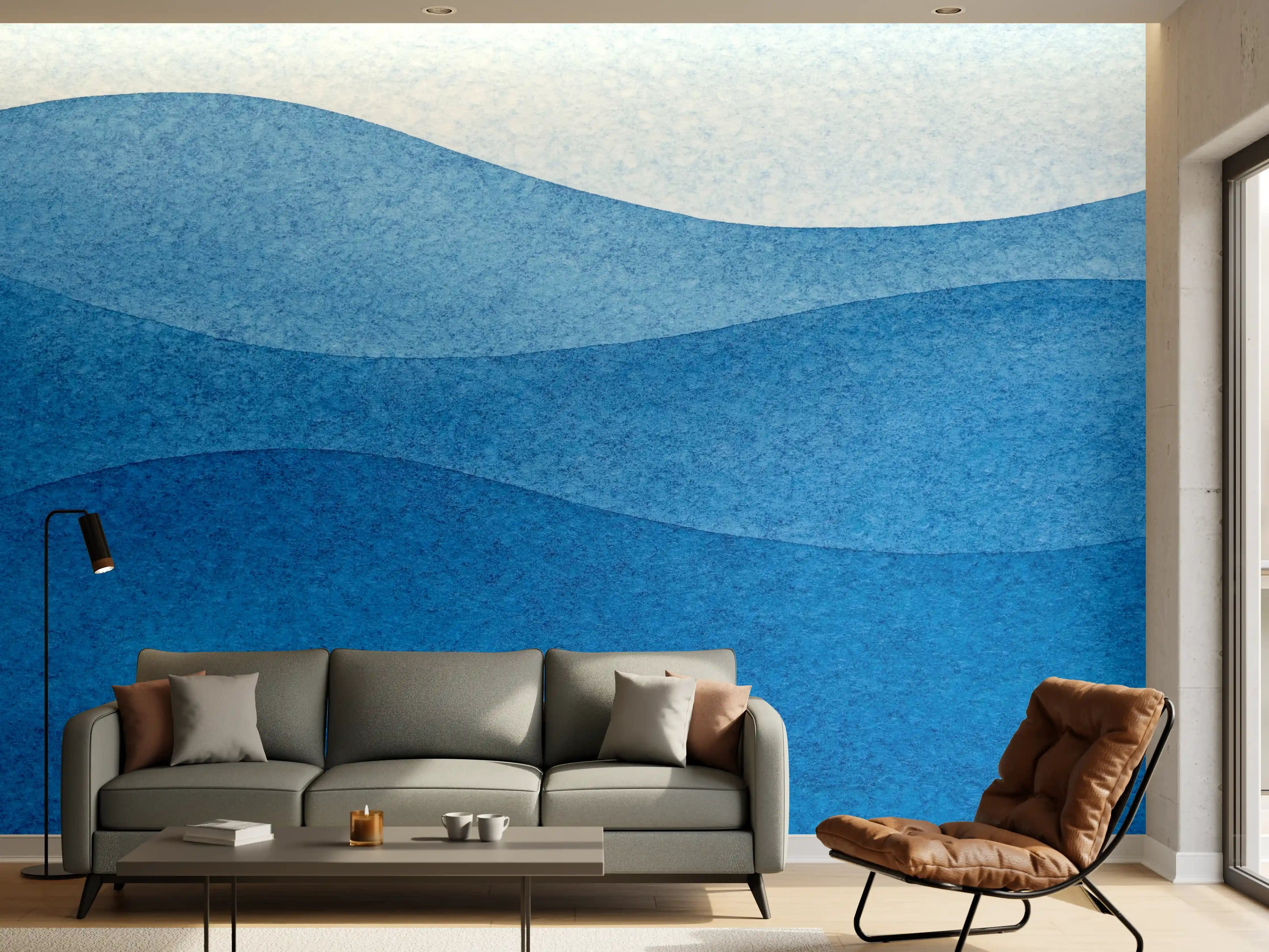 Wandverkleidung Wohnzimmer - Abstrakte Wellenmuster in Blau