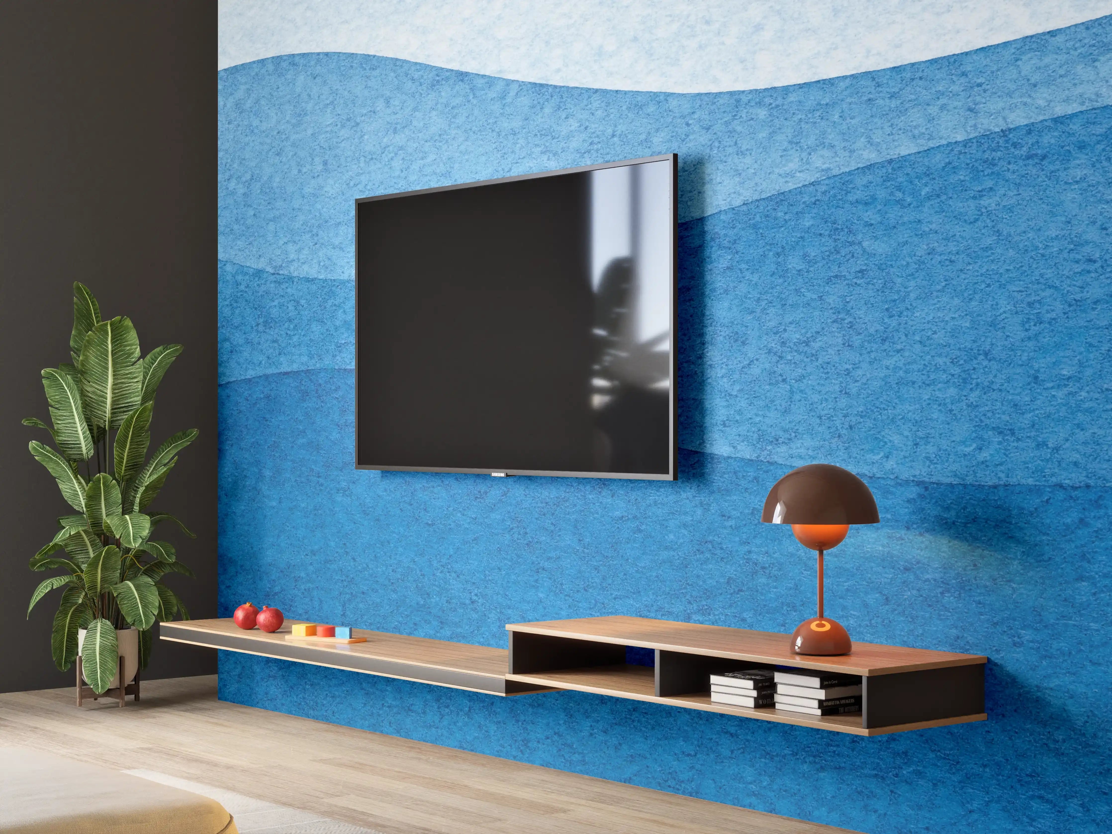 Wandverkleidung Wohnzimmer - Abstrakte Wellenmuster in Blau
