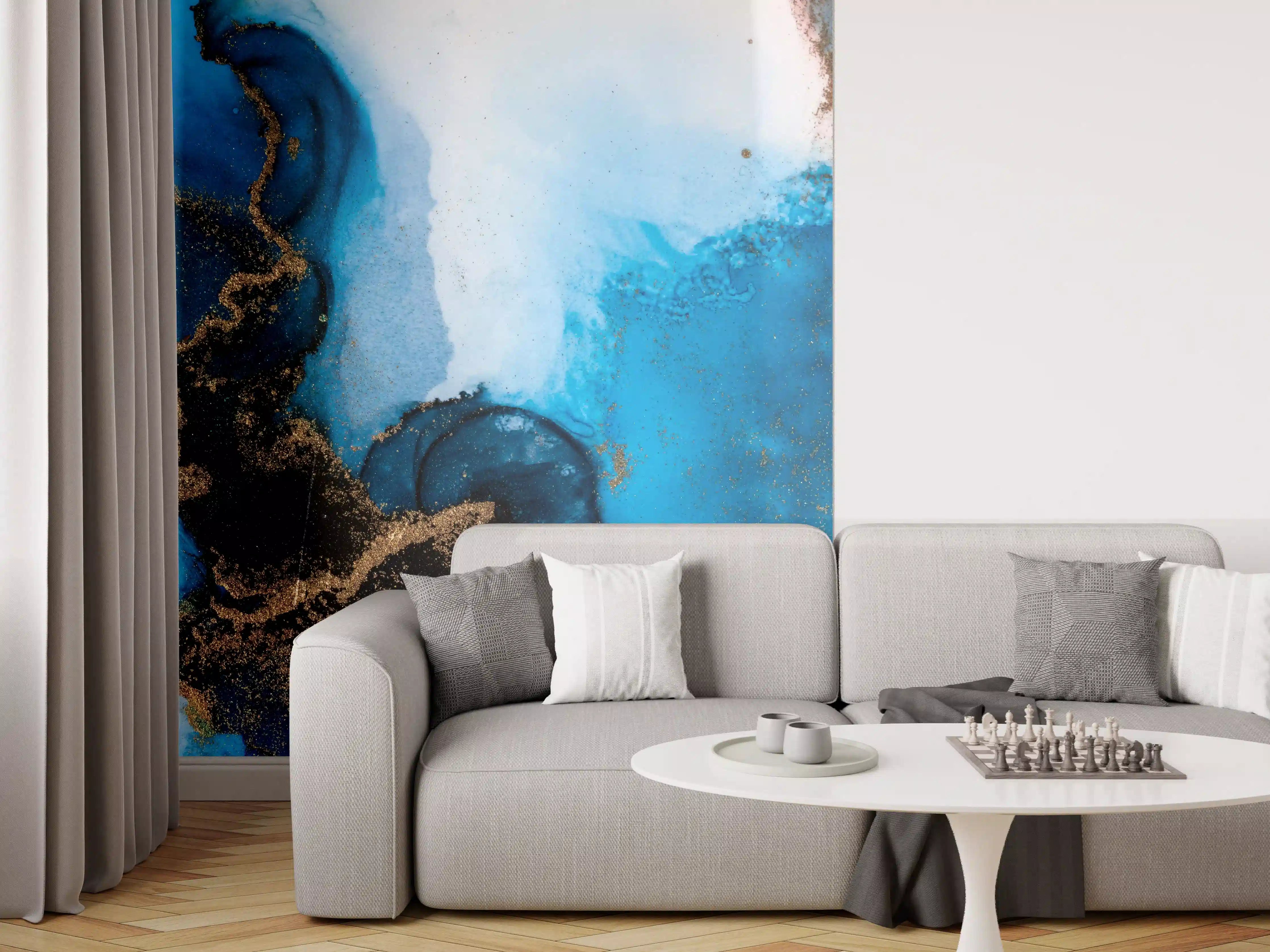 Wandverkleidung Wohnzimmer - Abstrakte blaue Kunst mit Goldakzenten