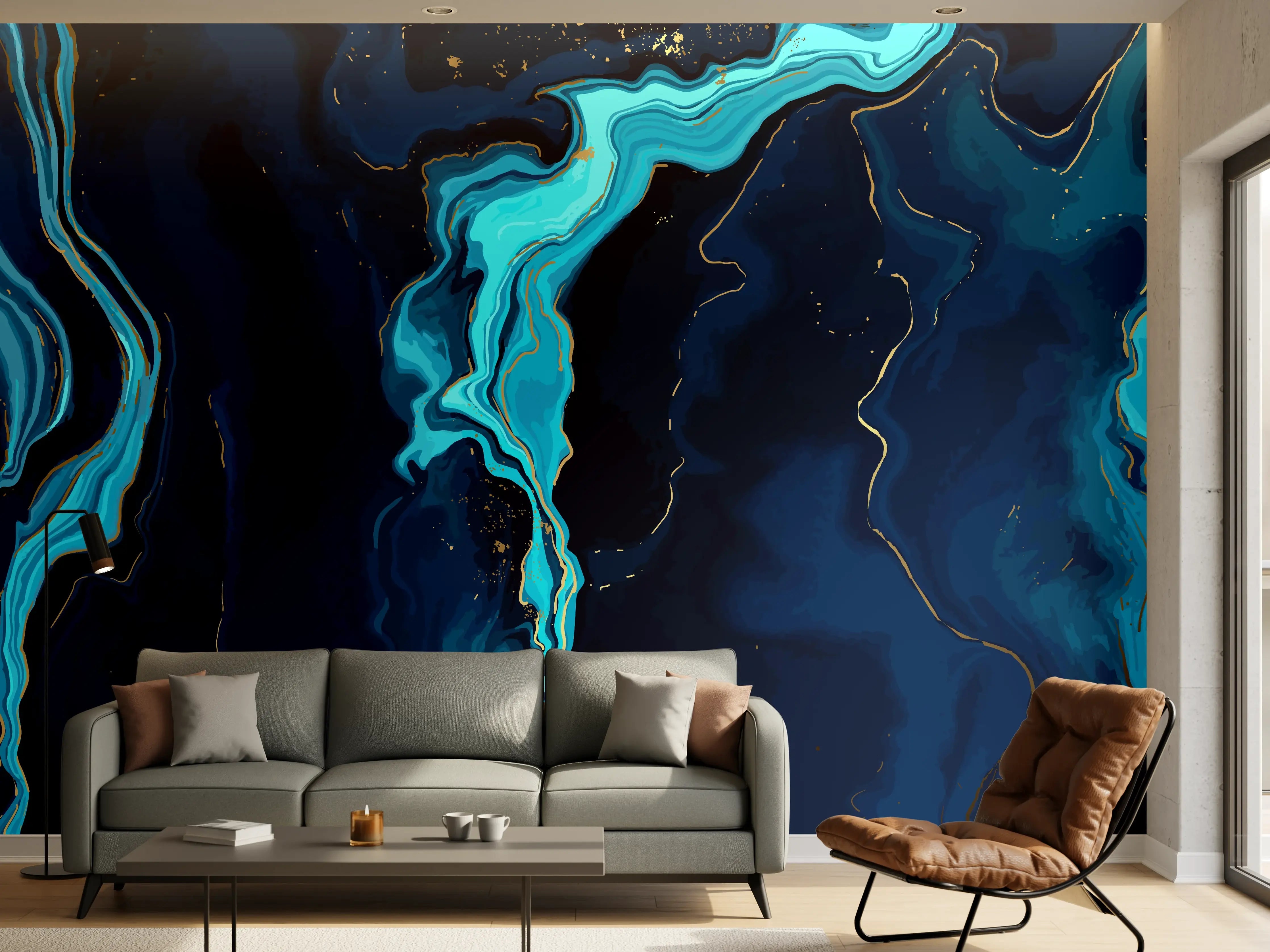 Wandverkleidung Wohnzimmer - Abstrakte blaue Tiefsee-Strömung