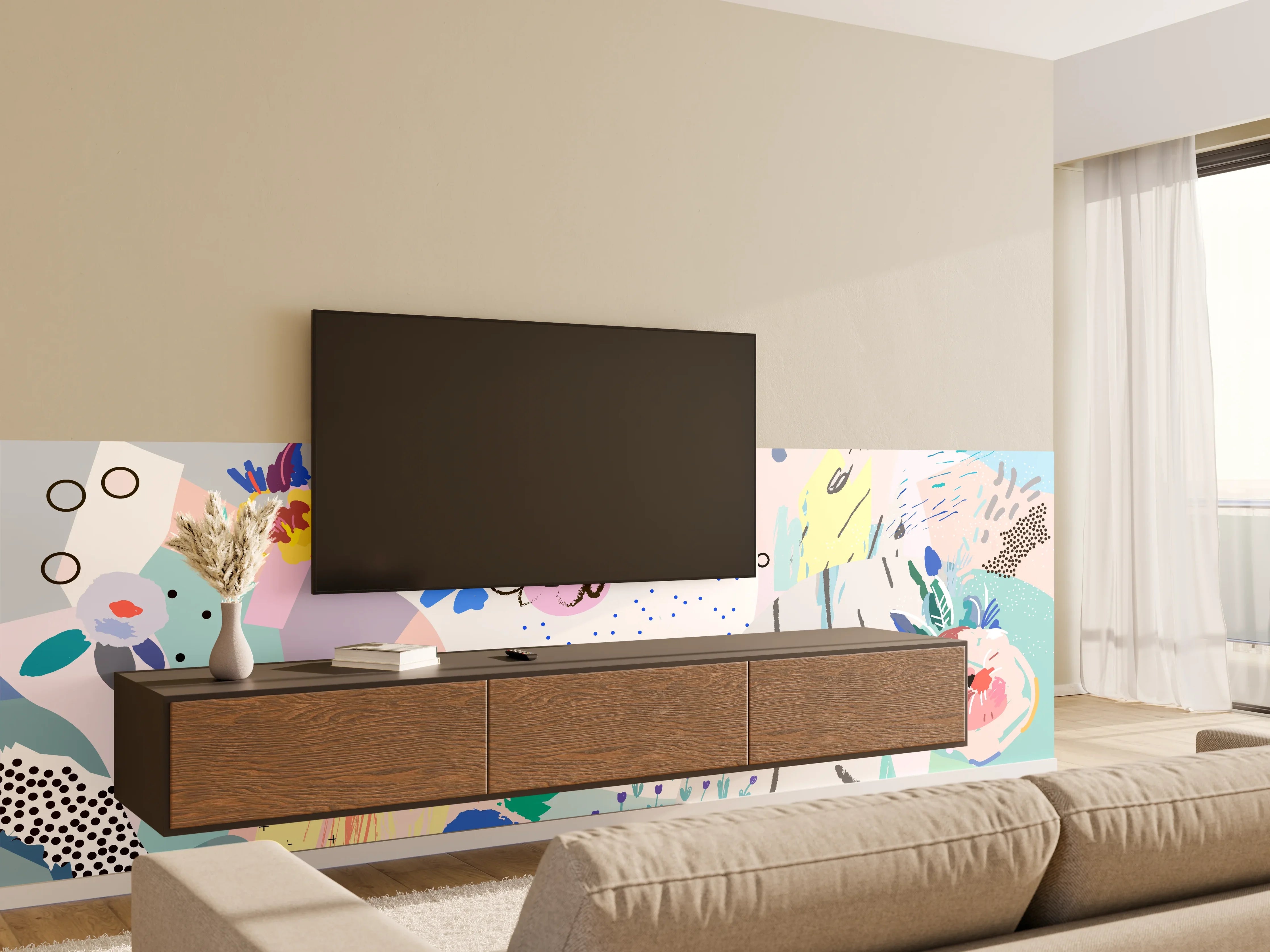 Wandverkleidung Wohnzimmer - Abstrakte bunte Blumen, Pflanzen und Natur-Motiv