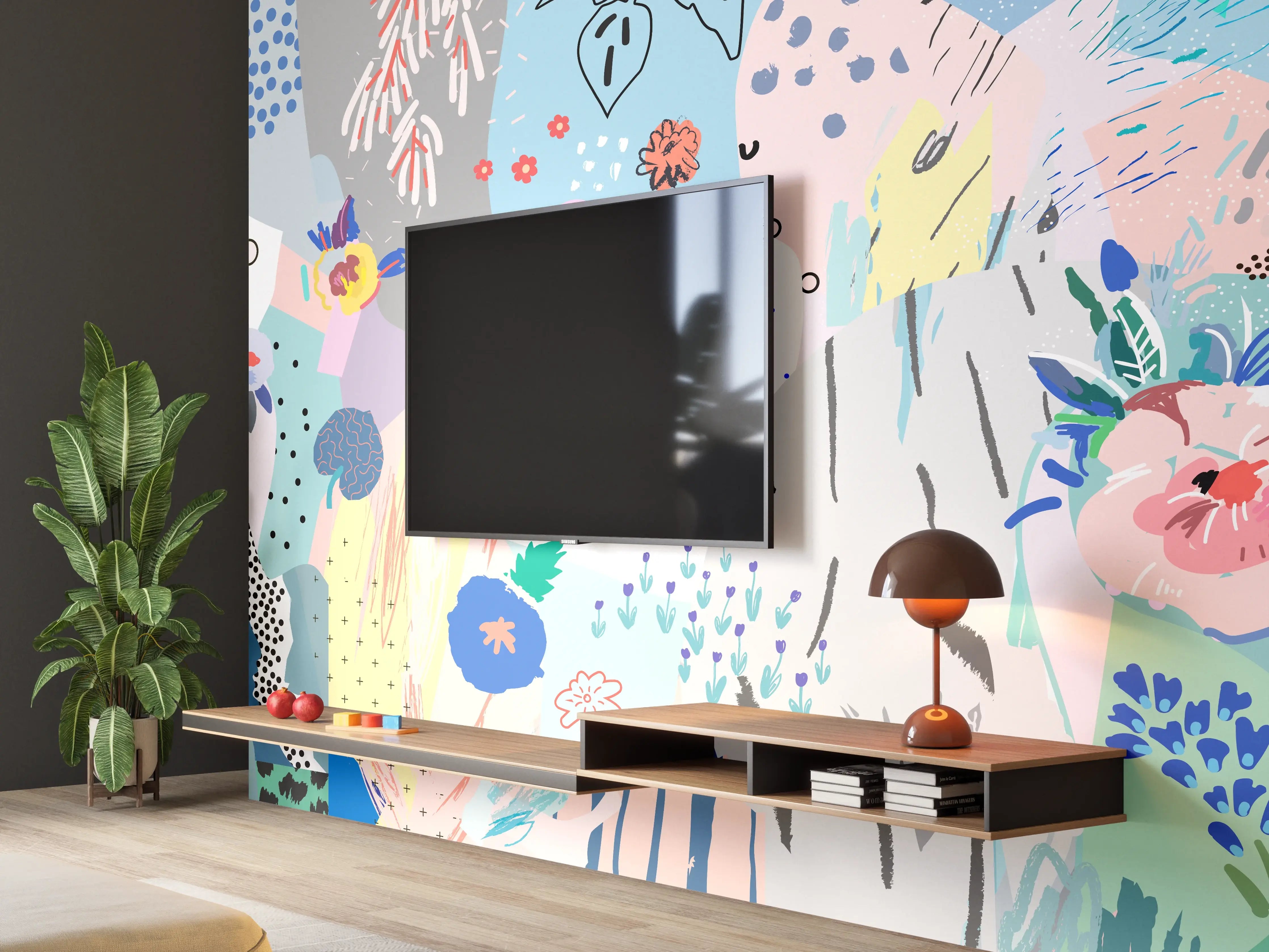 Wandverkleidung Wohnzimmer - Abstrakte bunte Blumen, Pflanzen und Natur-Motiv