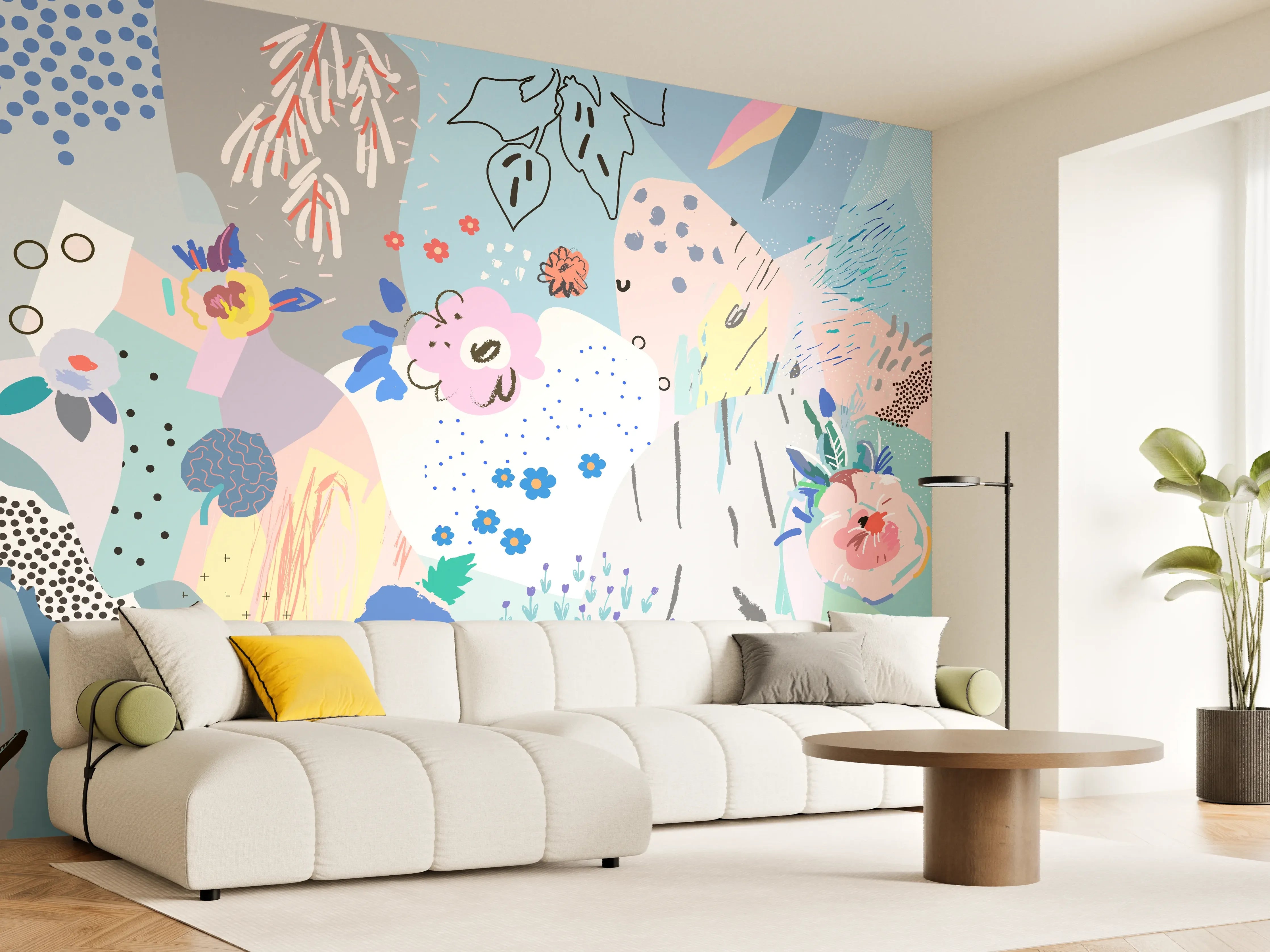 Wandverkleidung Wohnzimmer - Abstrakte bunte Blumen, Pflanzen und Natur-Motiv