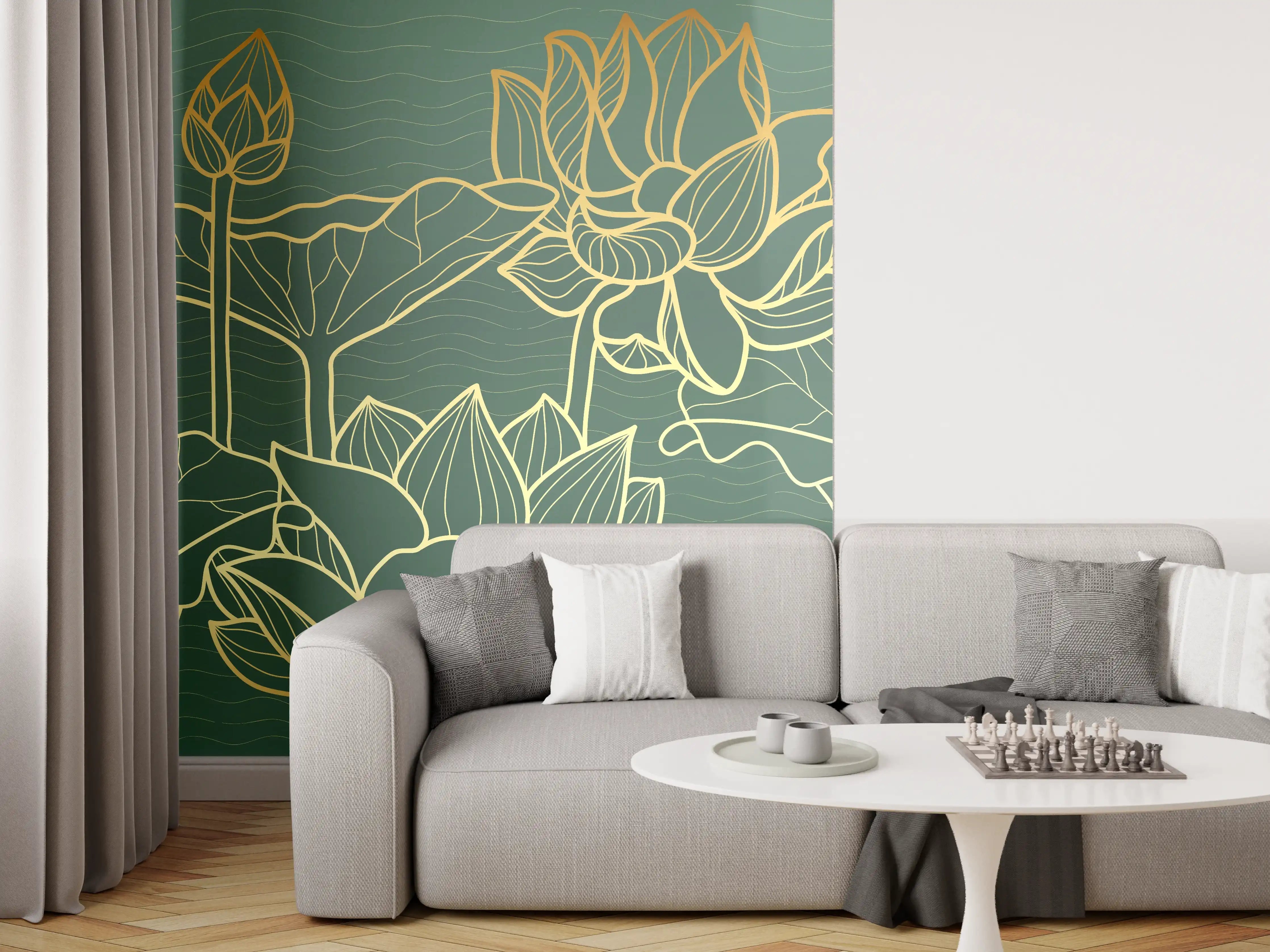 Wandverkleidung Wohnzimmer - Abstrakte goldende Blüten