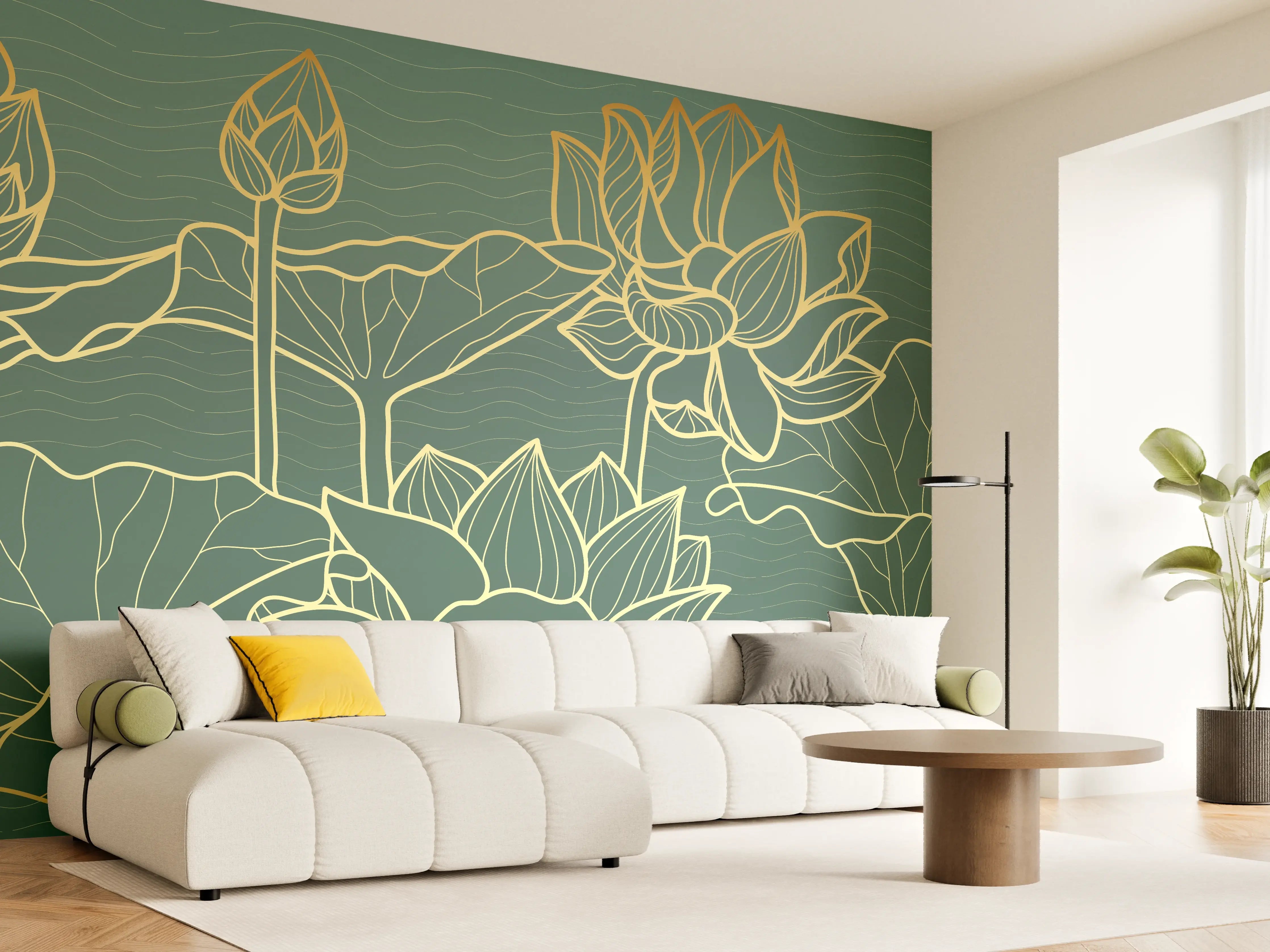 Wandverkleidung Wohnzimmer - Abstrakte goldende Blüten