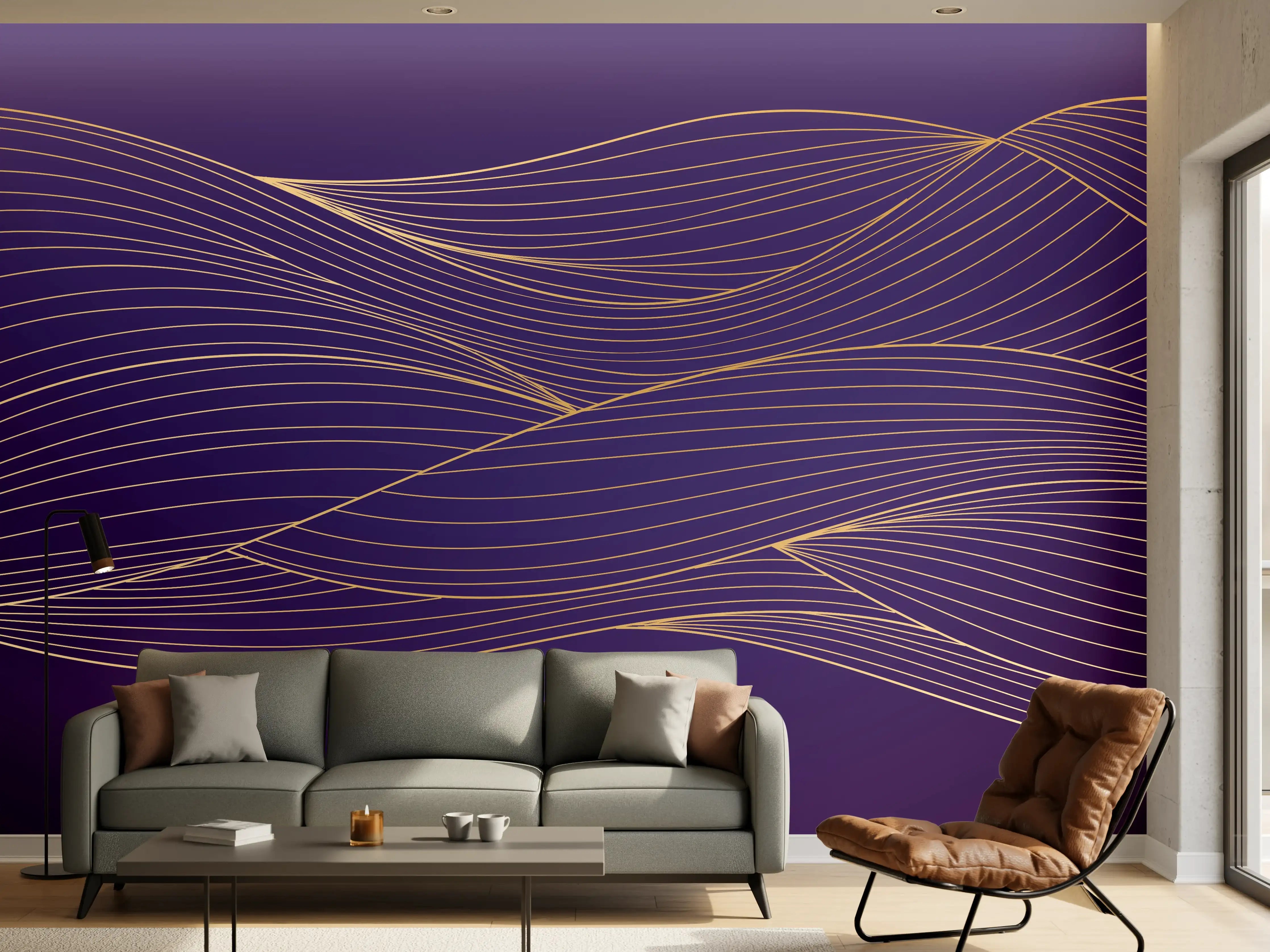 Wandverkleidung Wohnzimmer - Abstrakte lila Wellenlinien Kunst