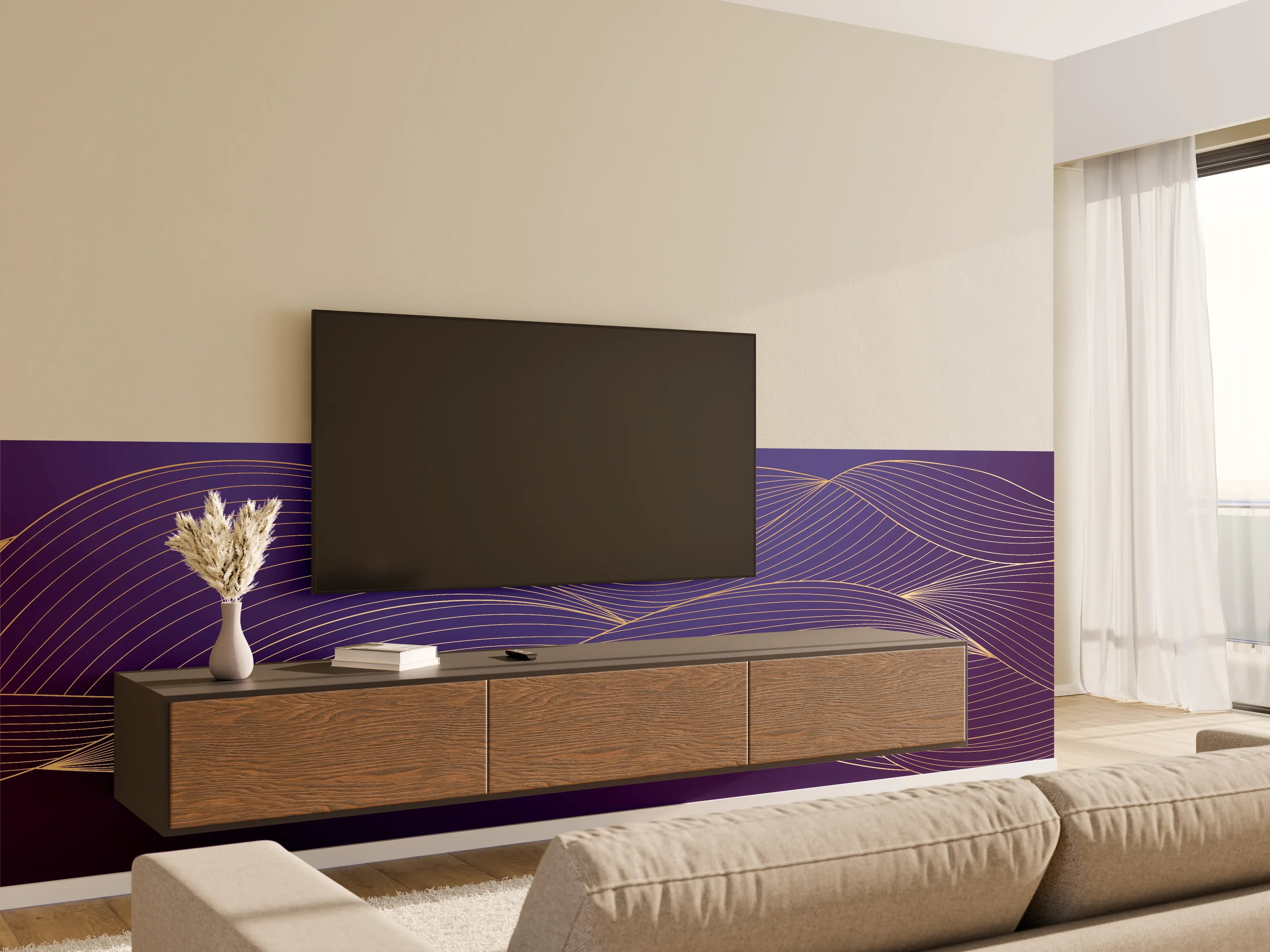 Wandverkleidung Wohnzimmer - Abstrakte lila Wellenlinien Kunst