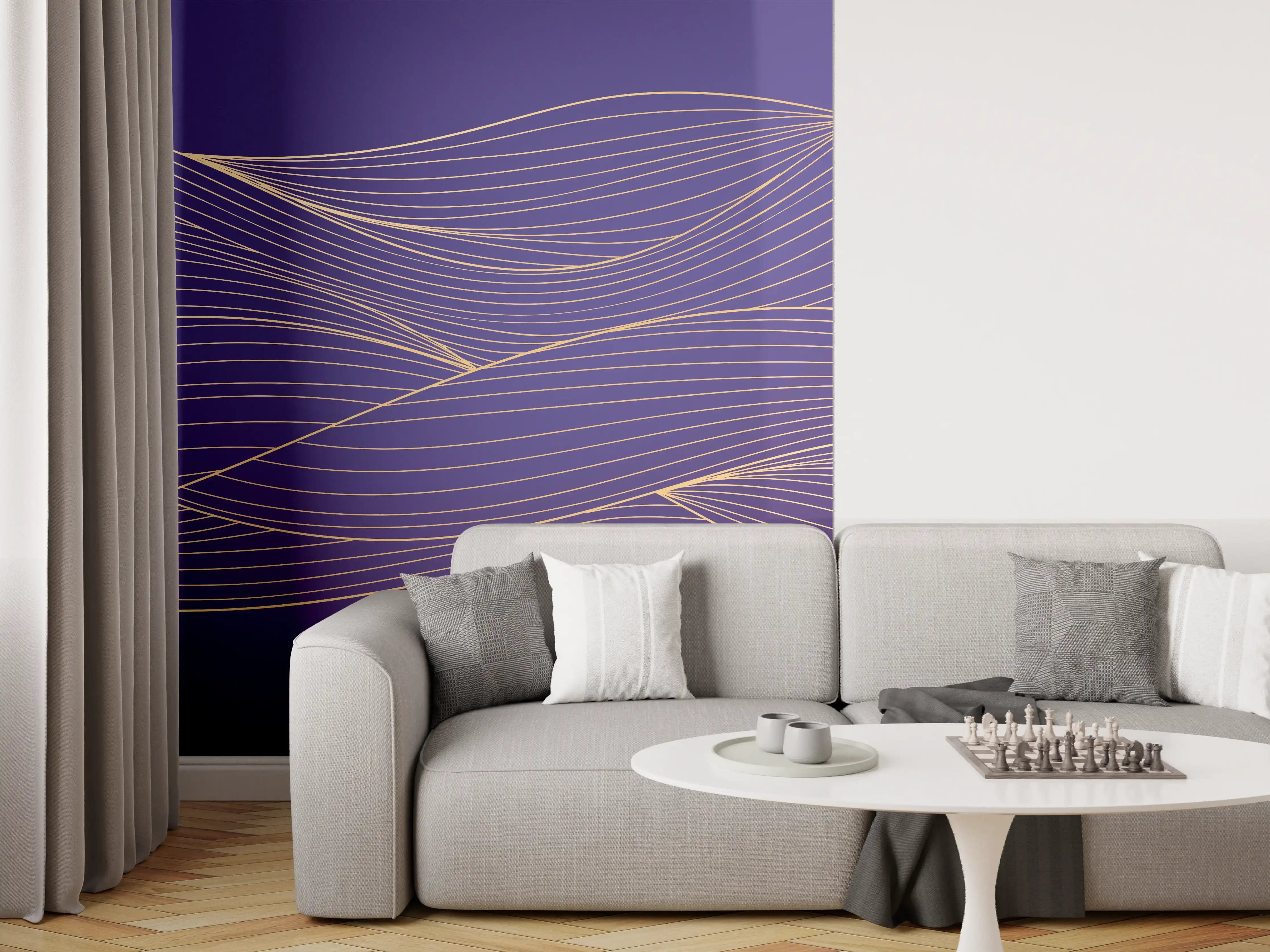 Wandverkleidung Wohnzimmer - Abstrakte lila Wellenlinien Kunst