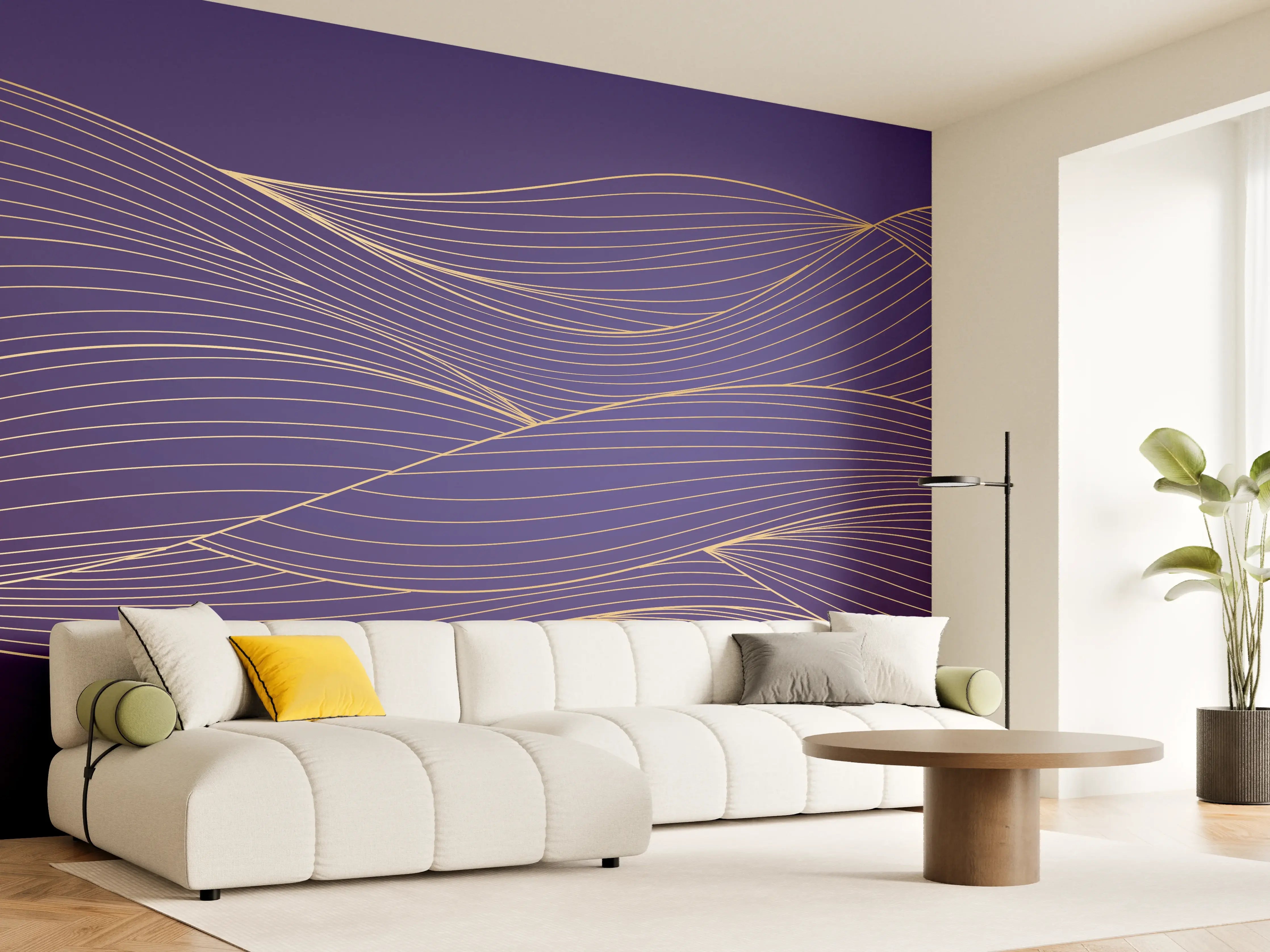 Wandverkleidung Wohnzimmer - Abstrakte lila Wellenlinien Kunst