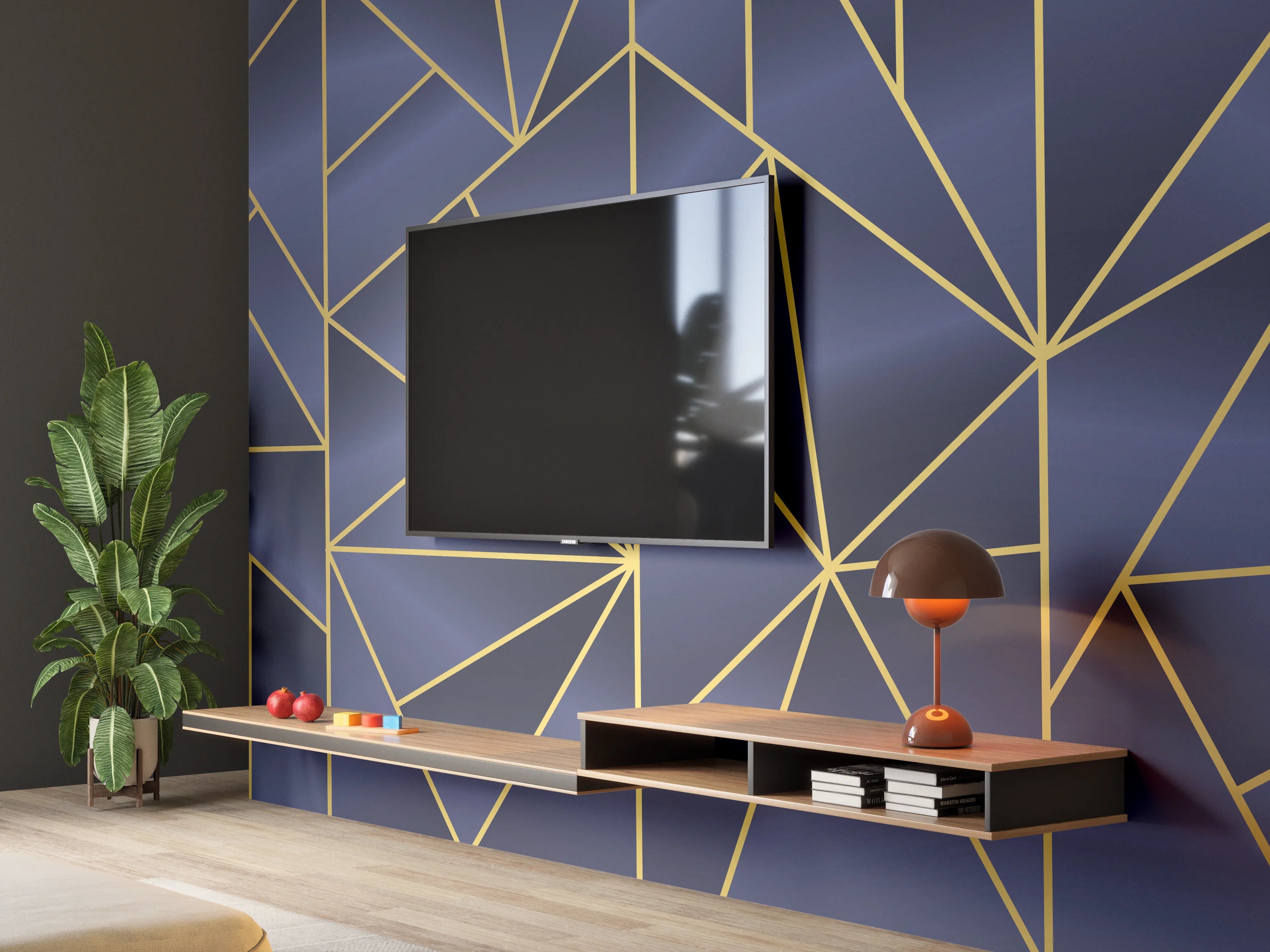Wandverkleidung Wohnzimmer - Abstraktes Blau-Gold Muster
