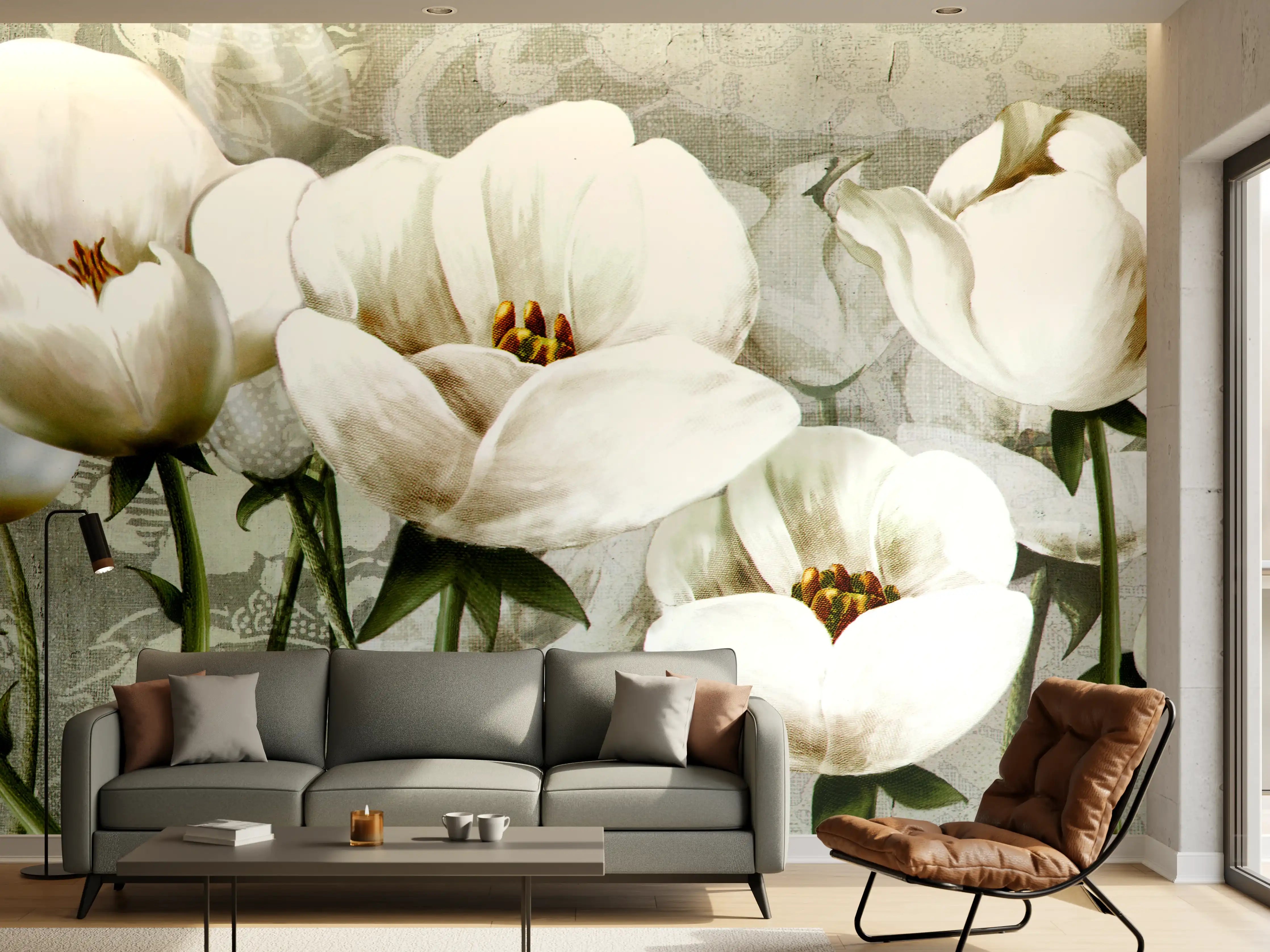 Wandverkleidung Wohnzimmer - Abstraktes Blumen Tapetendesign
