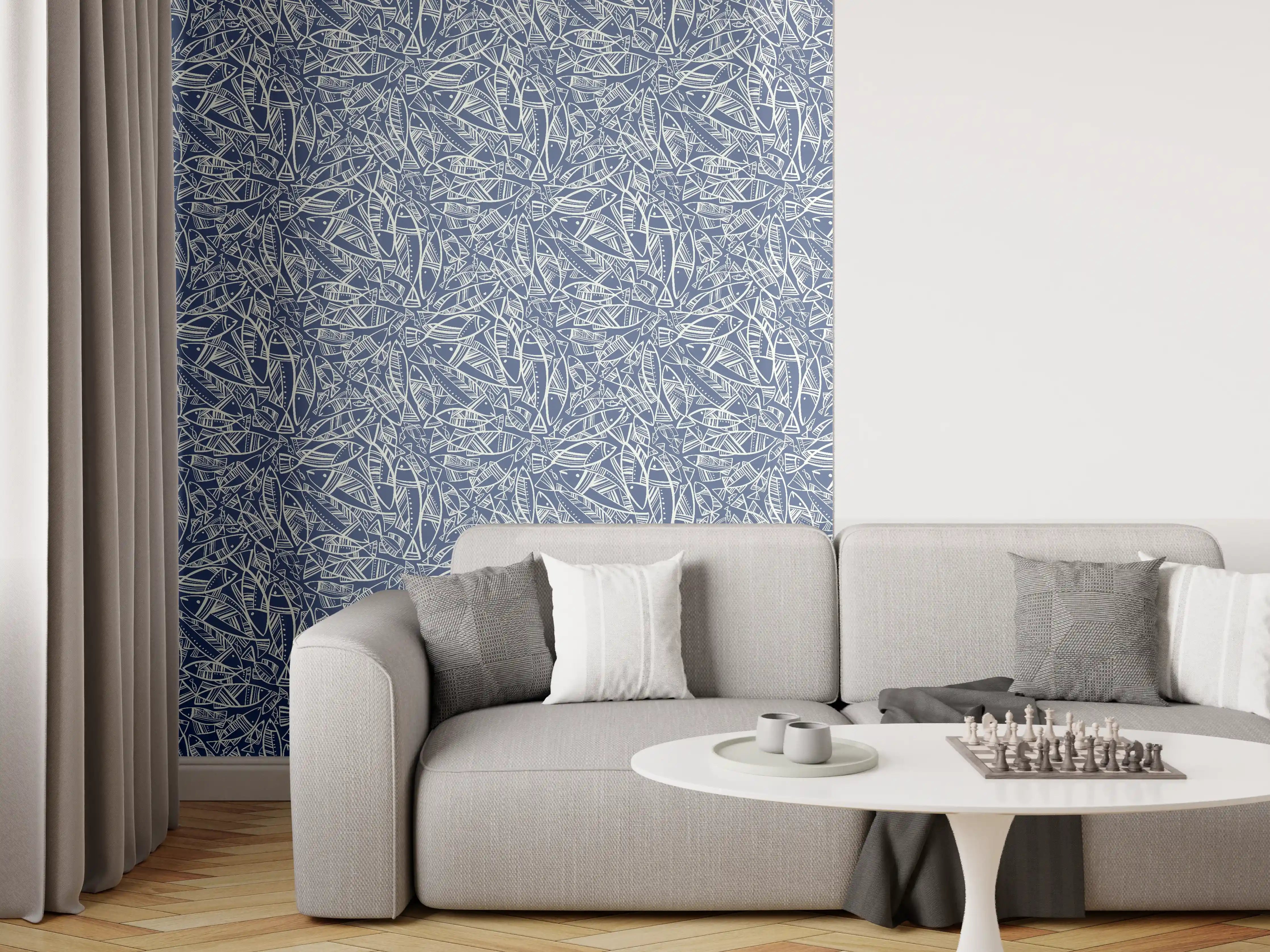 Wandverkleidung Wohnzimmer - Abstraktes Fischmuster Blau