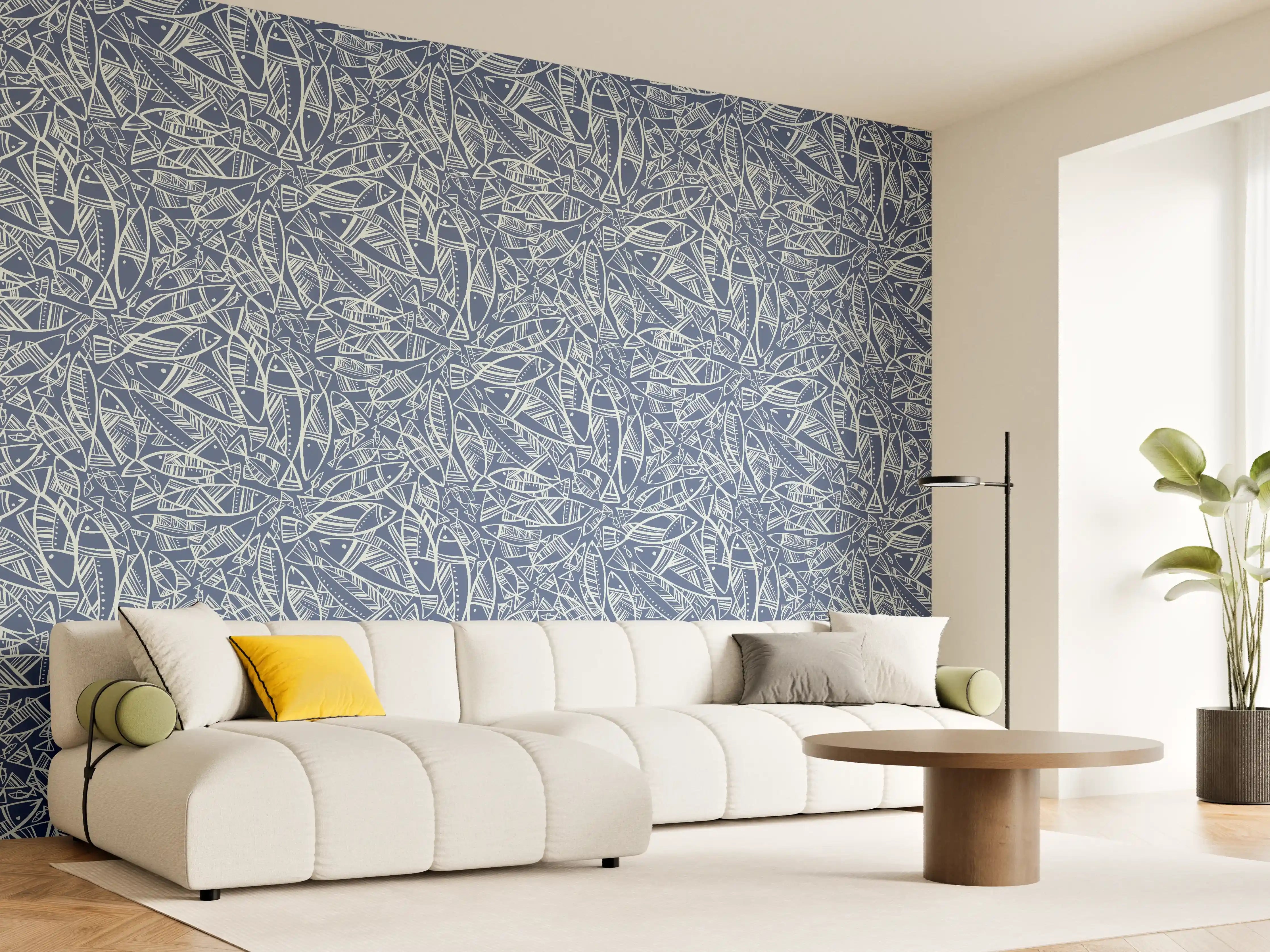 Wandverkleidung Wohnzimmer - Abstraktes Fischmuster Blau