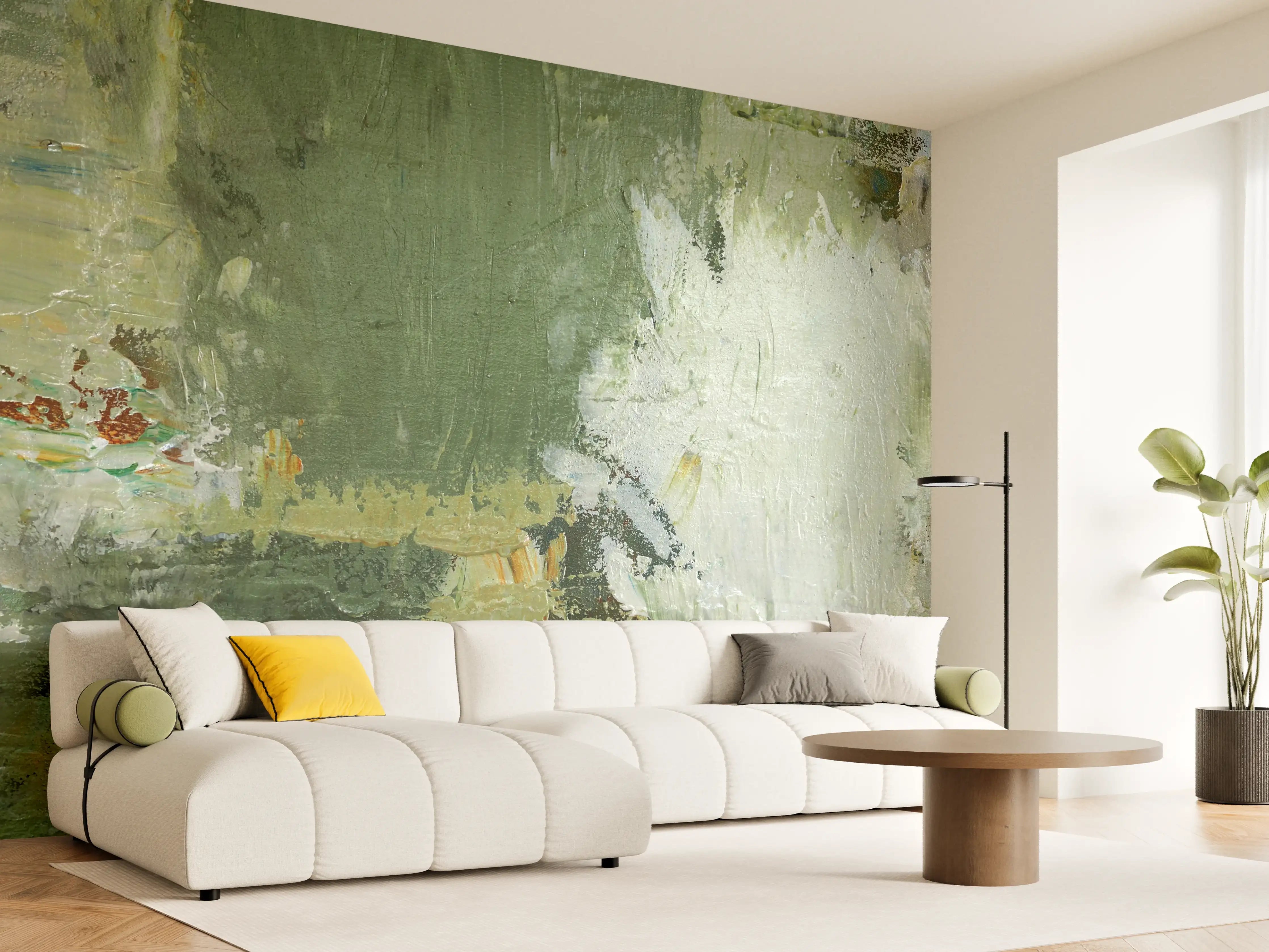 Wandverkleidung Wohnzimmer - Abstraktes Gemälde in Grüntönen mit pastellartigem Effekt