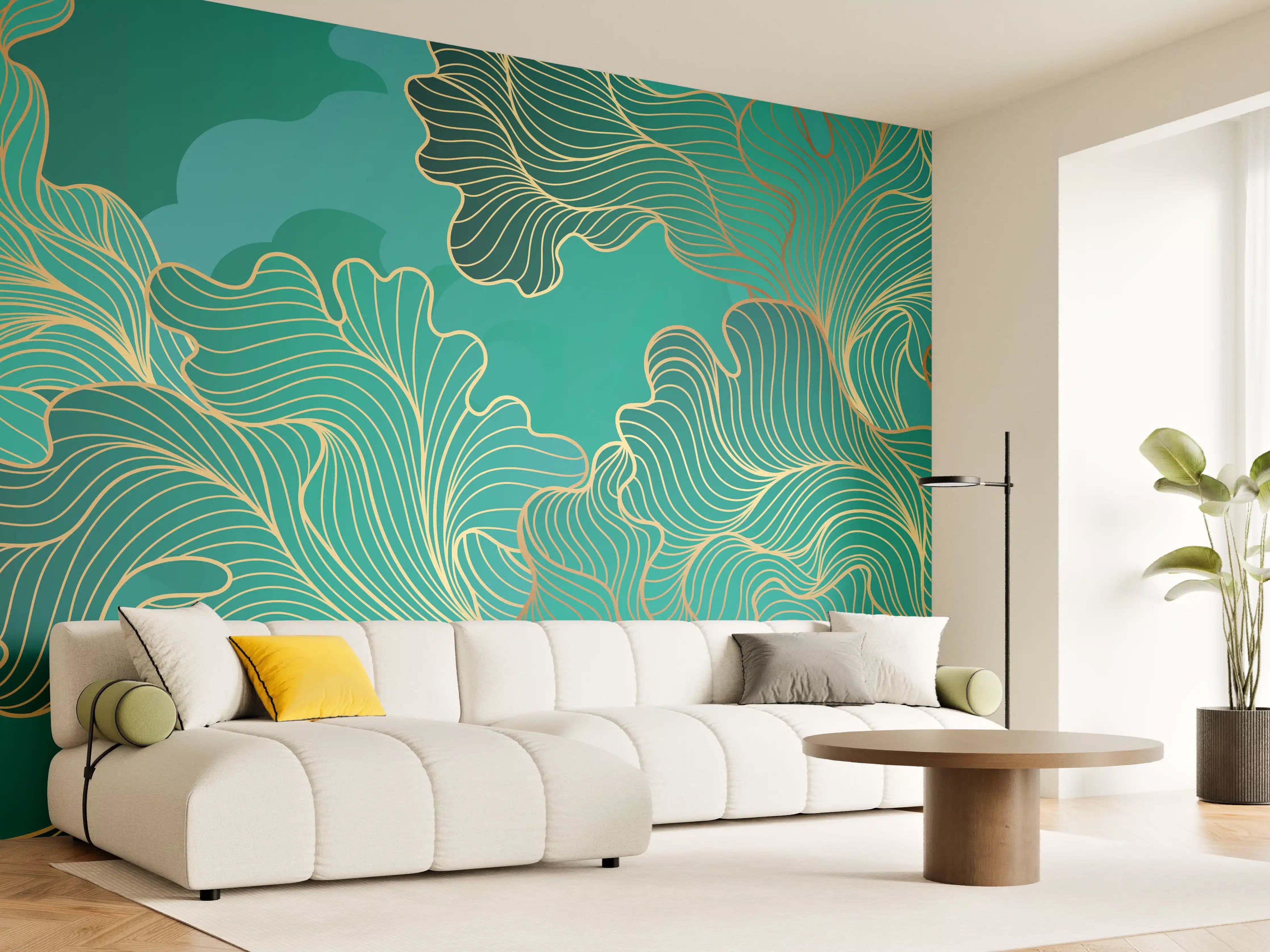 Wandverkleidung Wohnzimmer - Abstraktes Grüntöne-Gold-Lineart