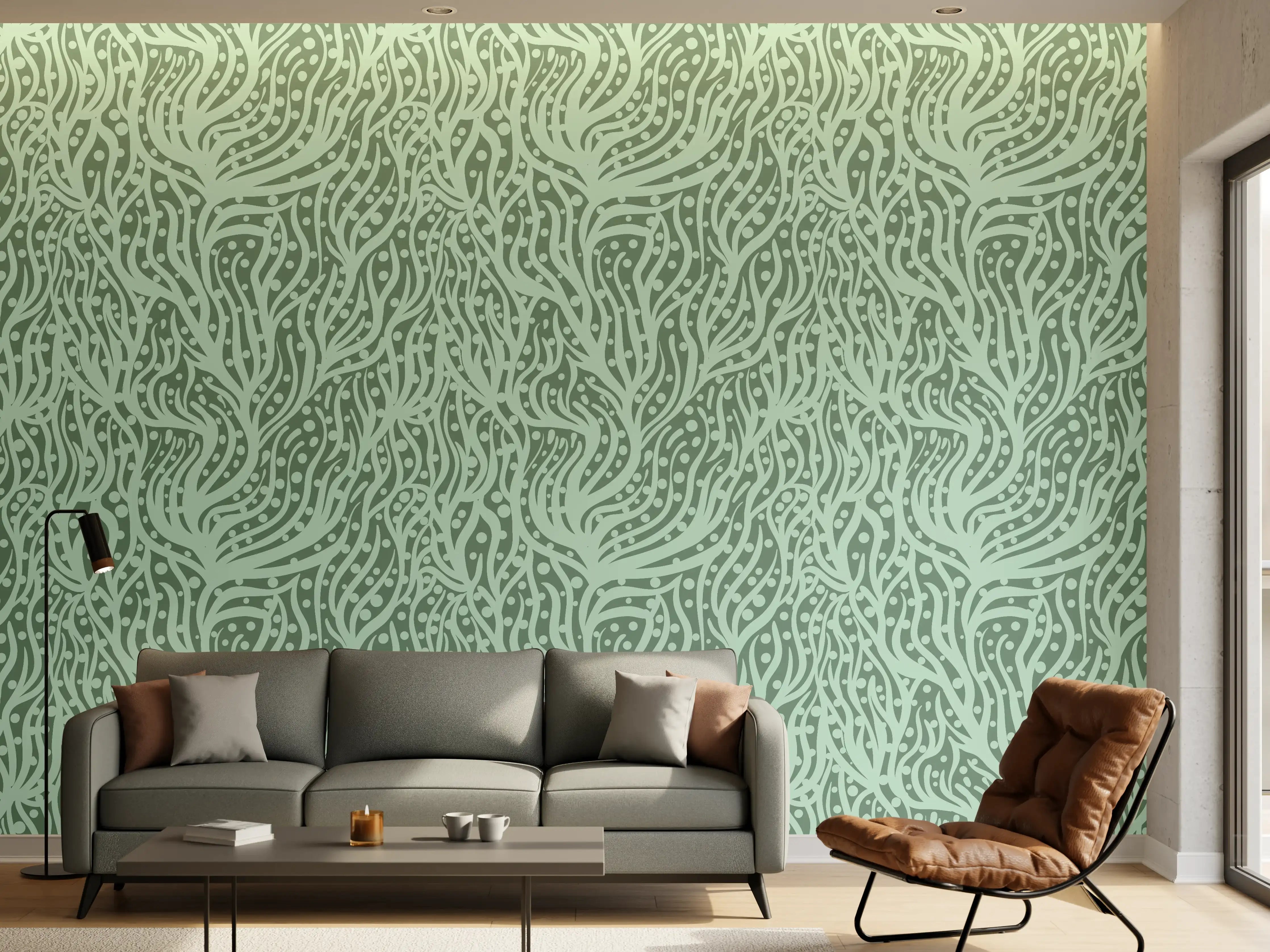 Wandverkleidung Wohnzimmer - Abstraktes Korallenmuster Grün-Türkis