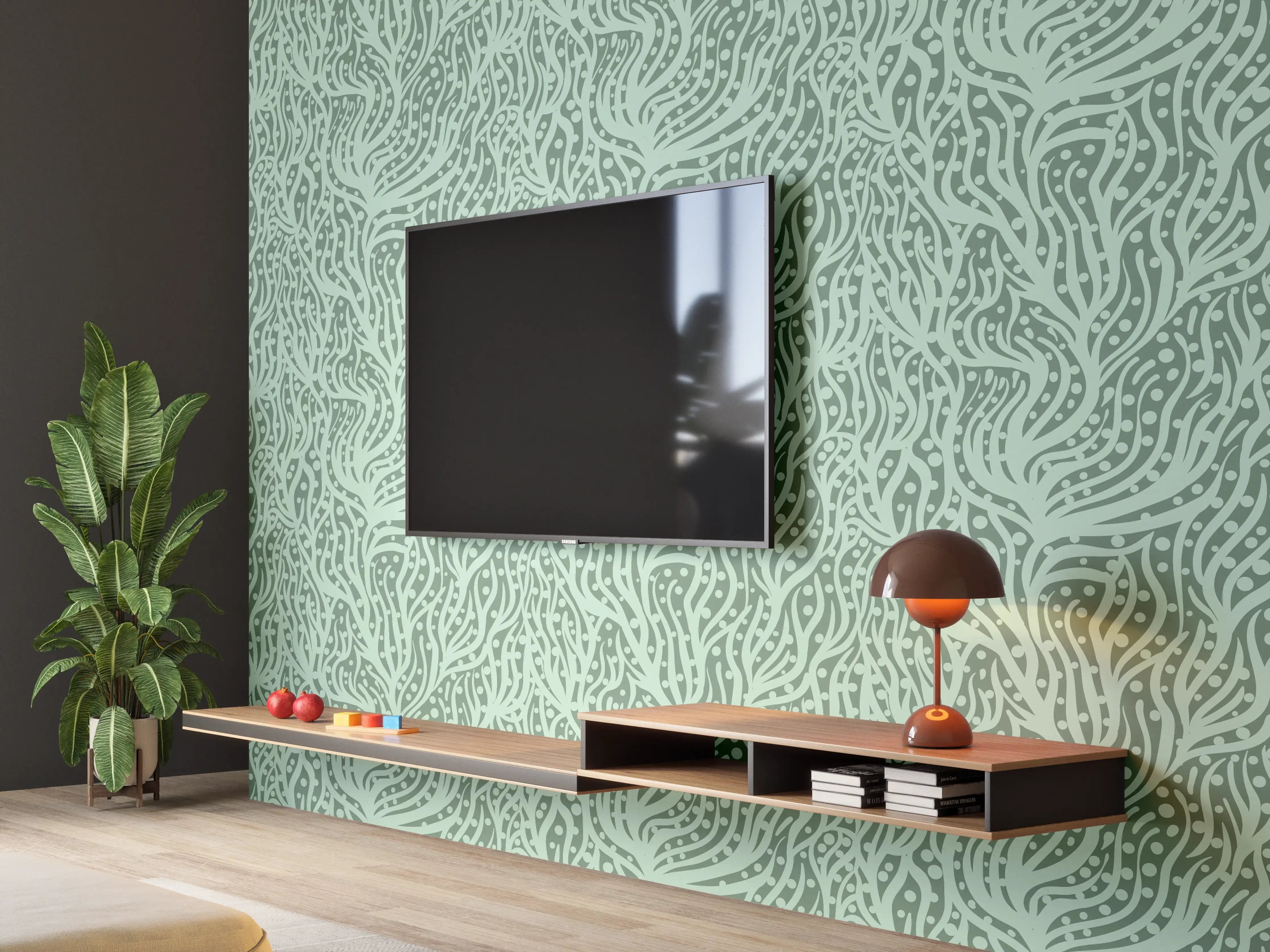 Wandverkleidung Wohnzimmer - Abstraktes Korallenmuster Grün-Türkis