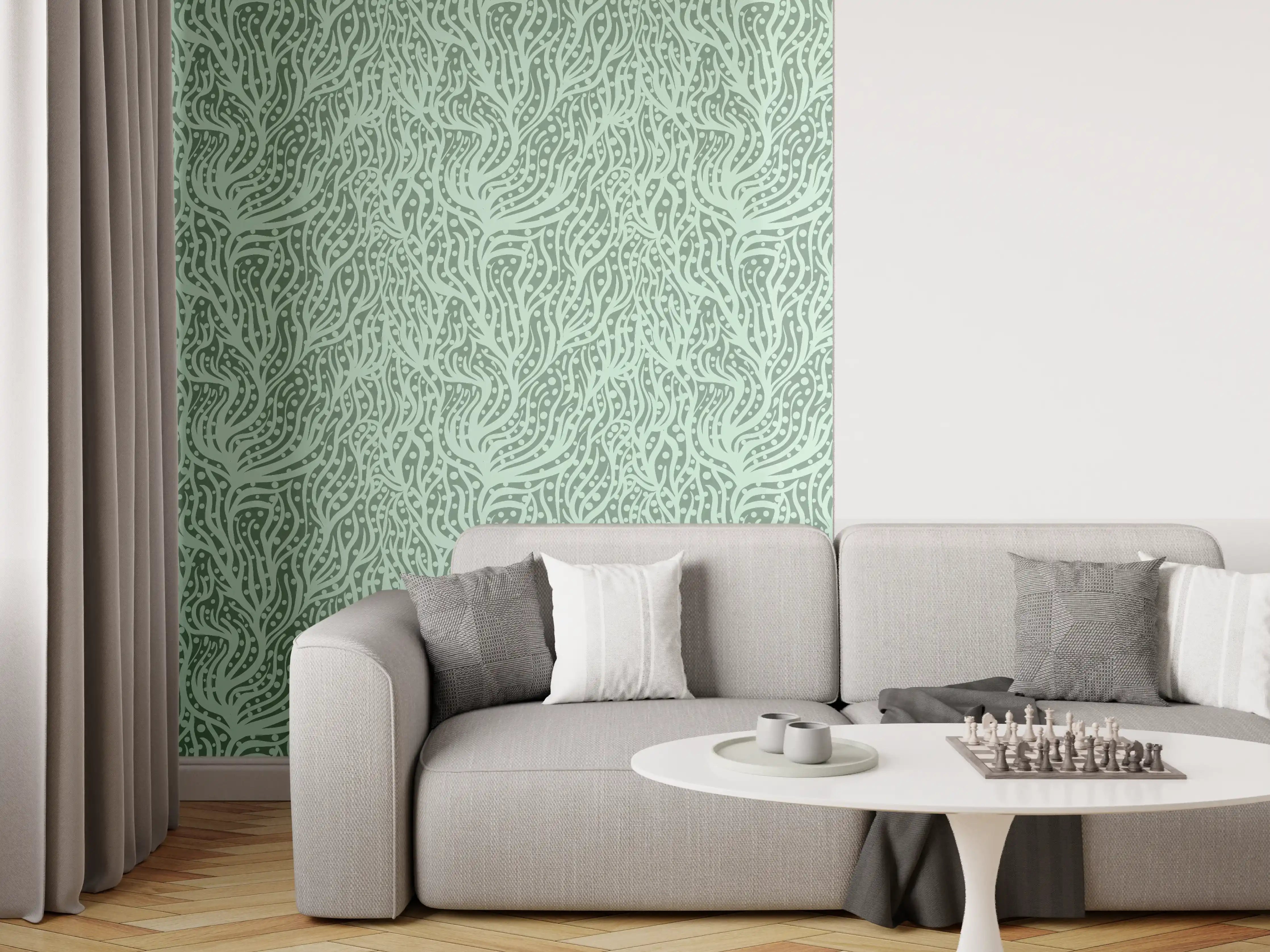 Wandverkleidung Wohnzimmer - Abstraktes Korallenmuster Grün-Türkis