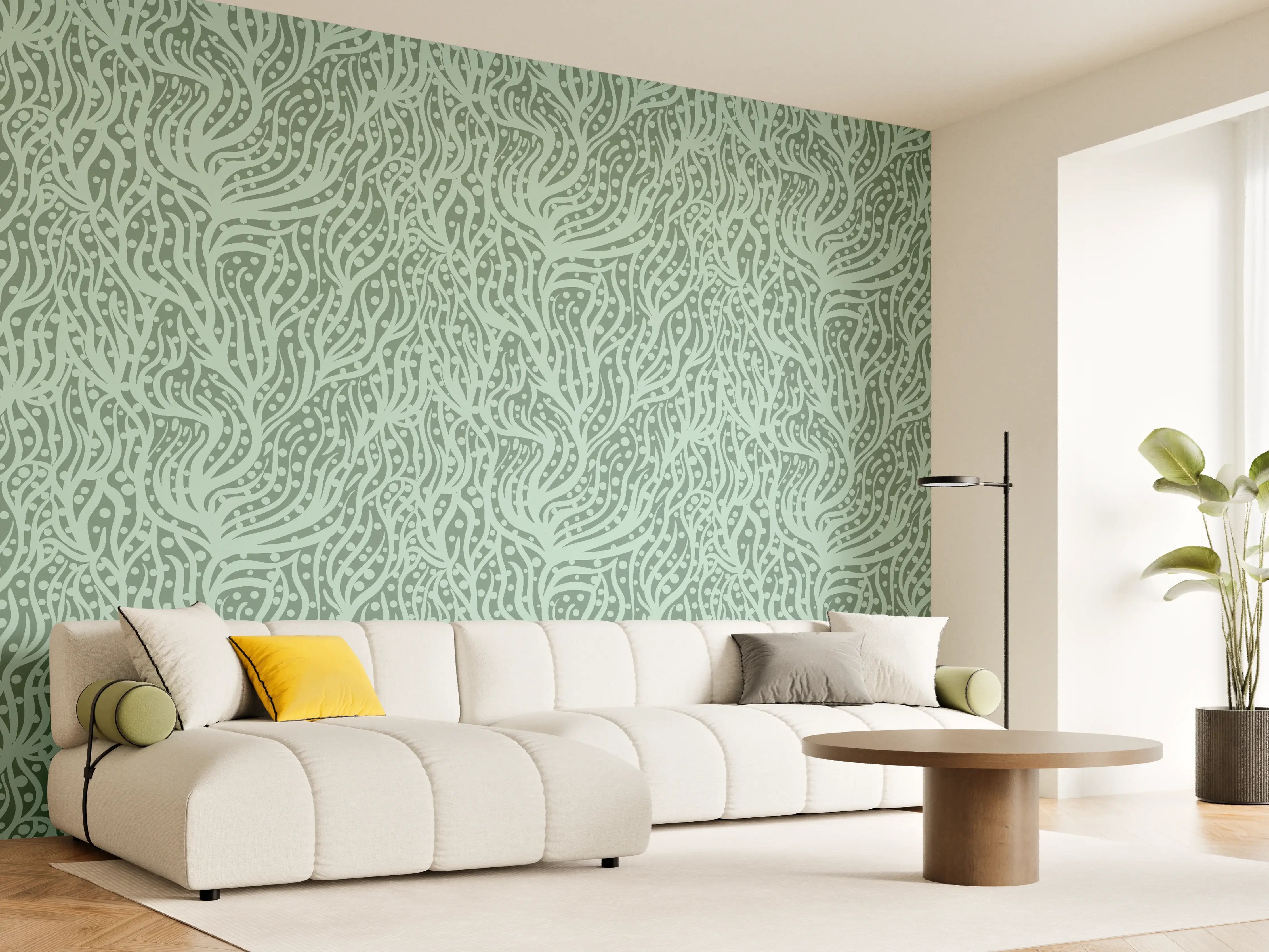 Wandverkleidung Wohnzimmer - Abstraktes Korallenmuster Grün-Türkis