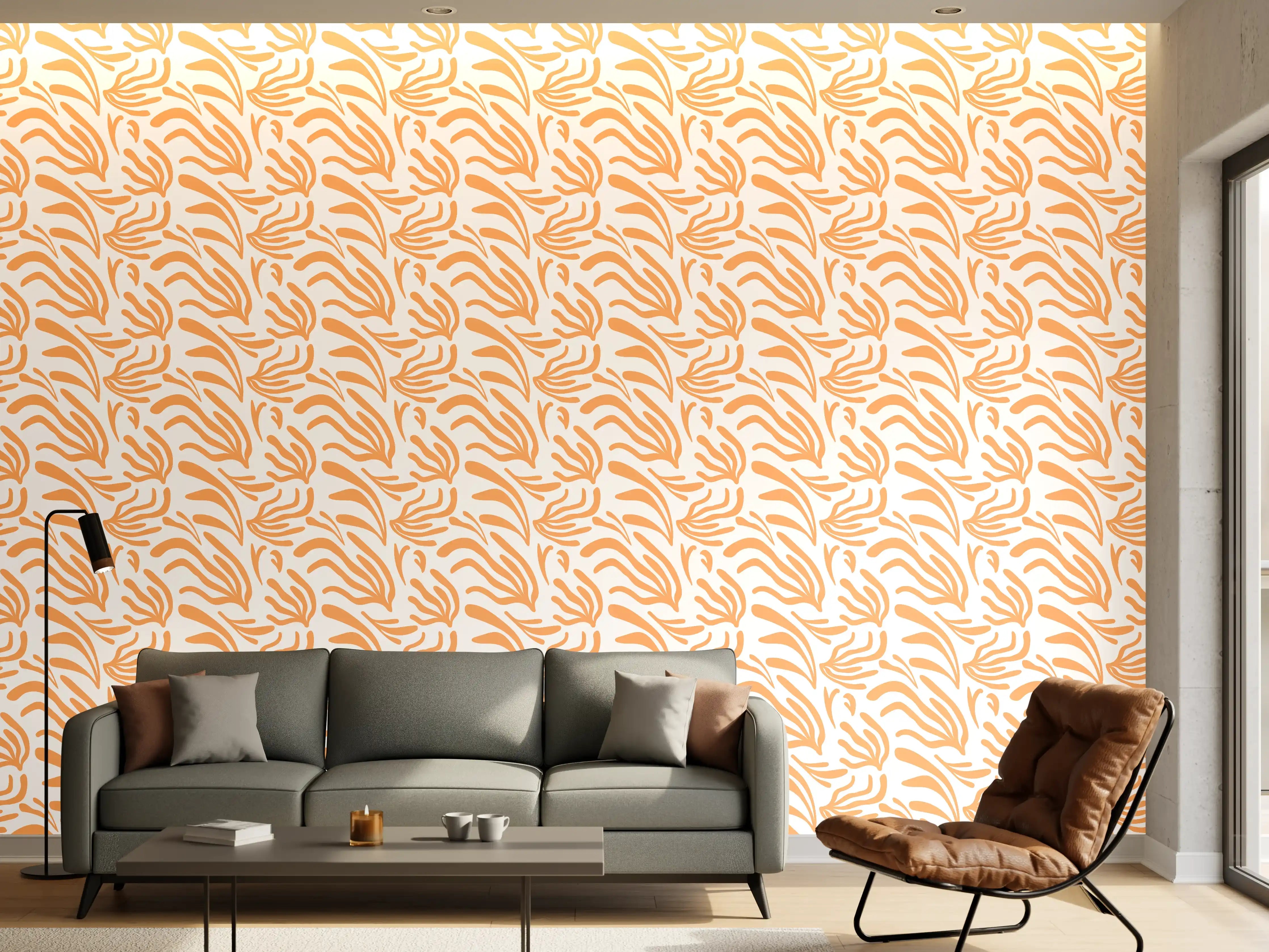 Wandverkleidung Wohnzimmer - Abstraktes Korallenmuster Orange Weiß
