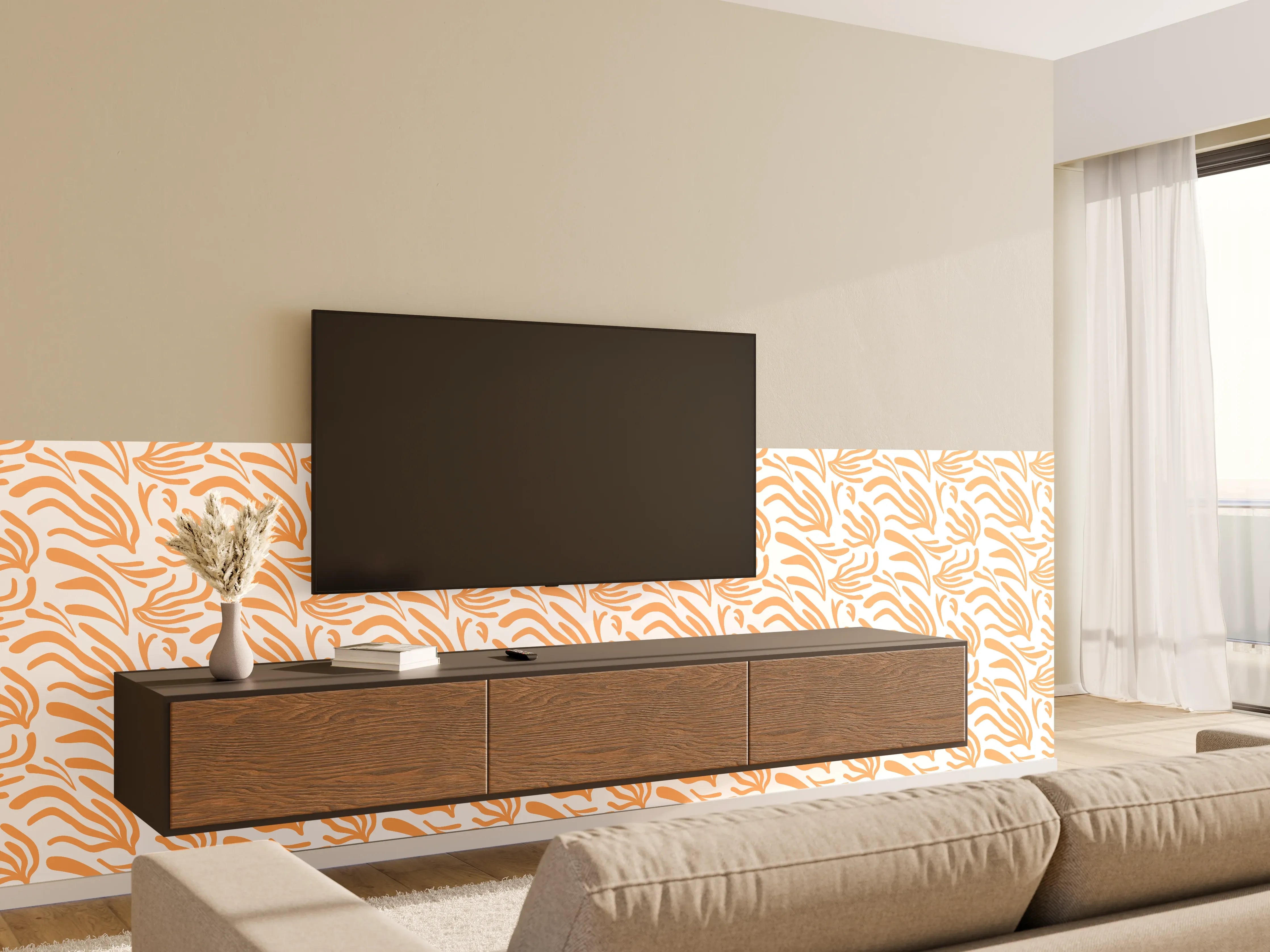 Wandverkleidung Wohnzimmer - Abstraktes Korallenmuster Orange Weiß