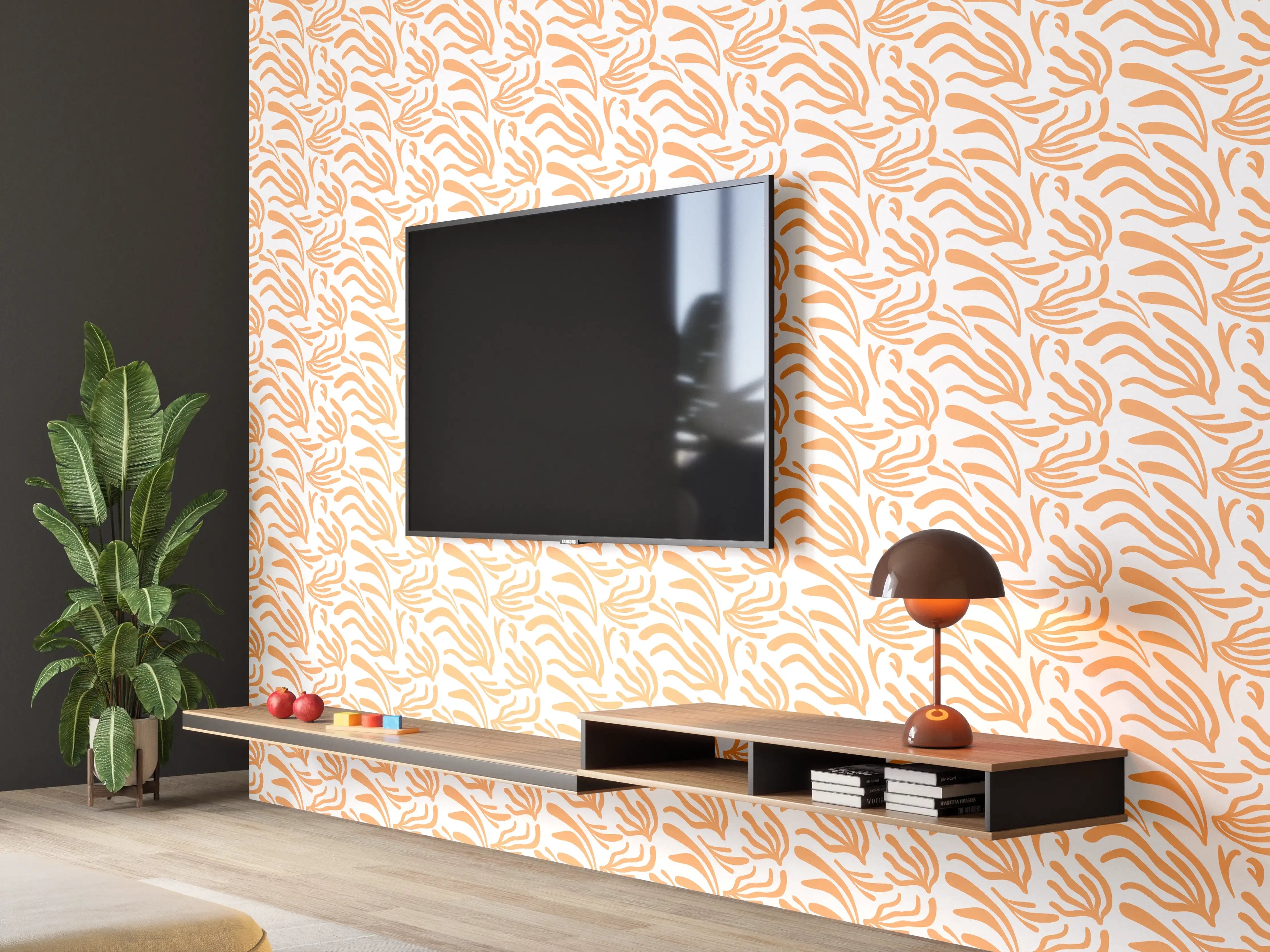 Wandverkleidung Wohnzimmer - Abstraktes Korallenmuster Orange Weiß