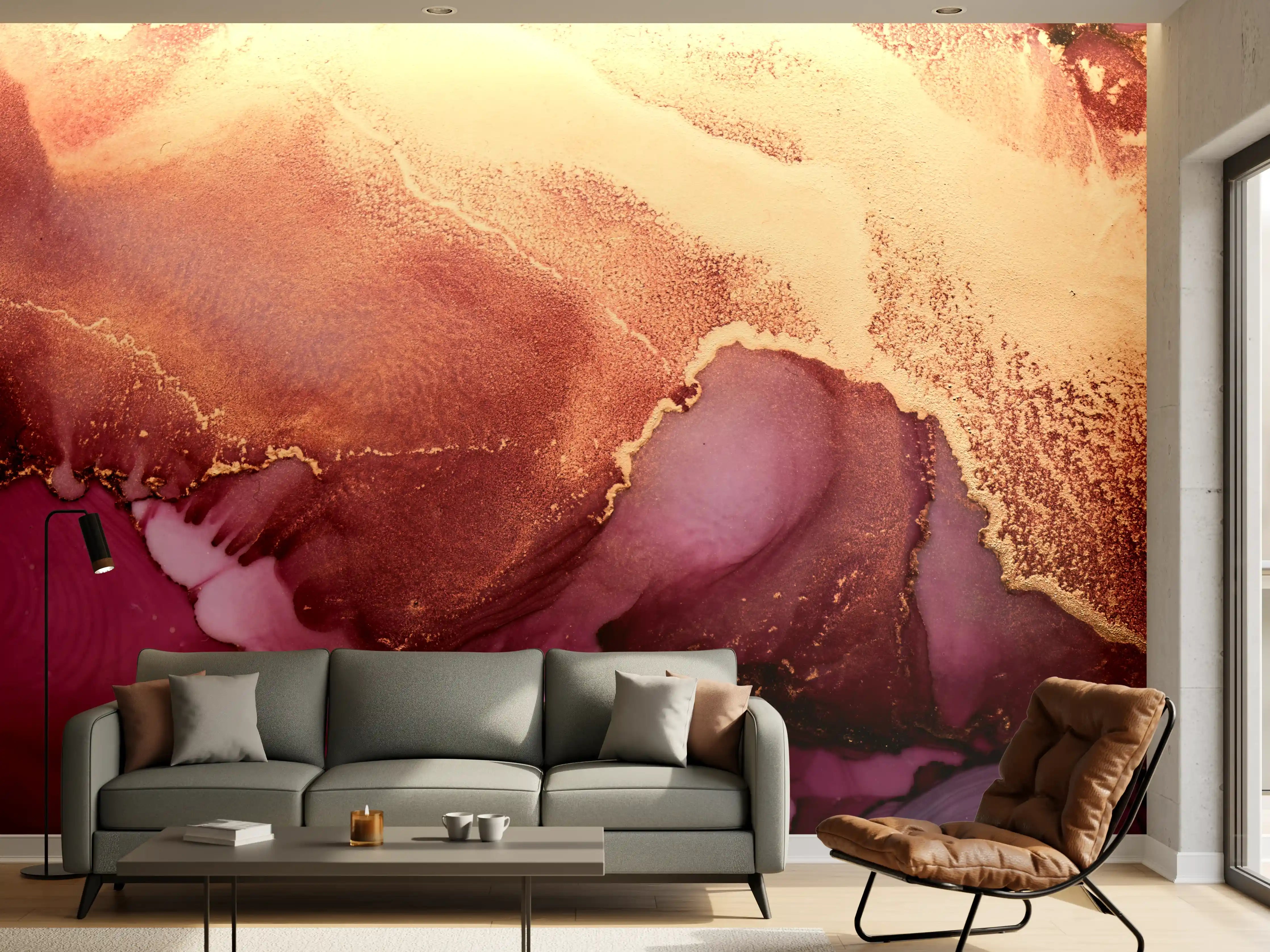 Wandverkleidung Wohnzimmer - Abstraktes Kunstwerk in Bergamotte und Lila