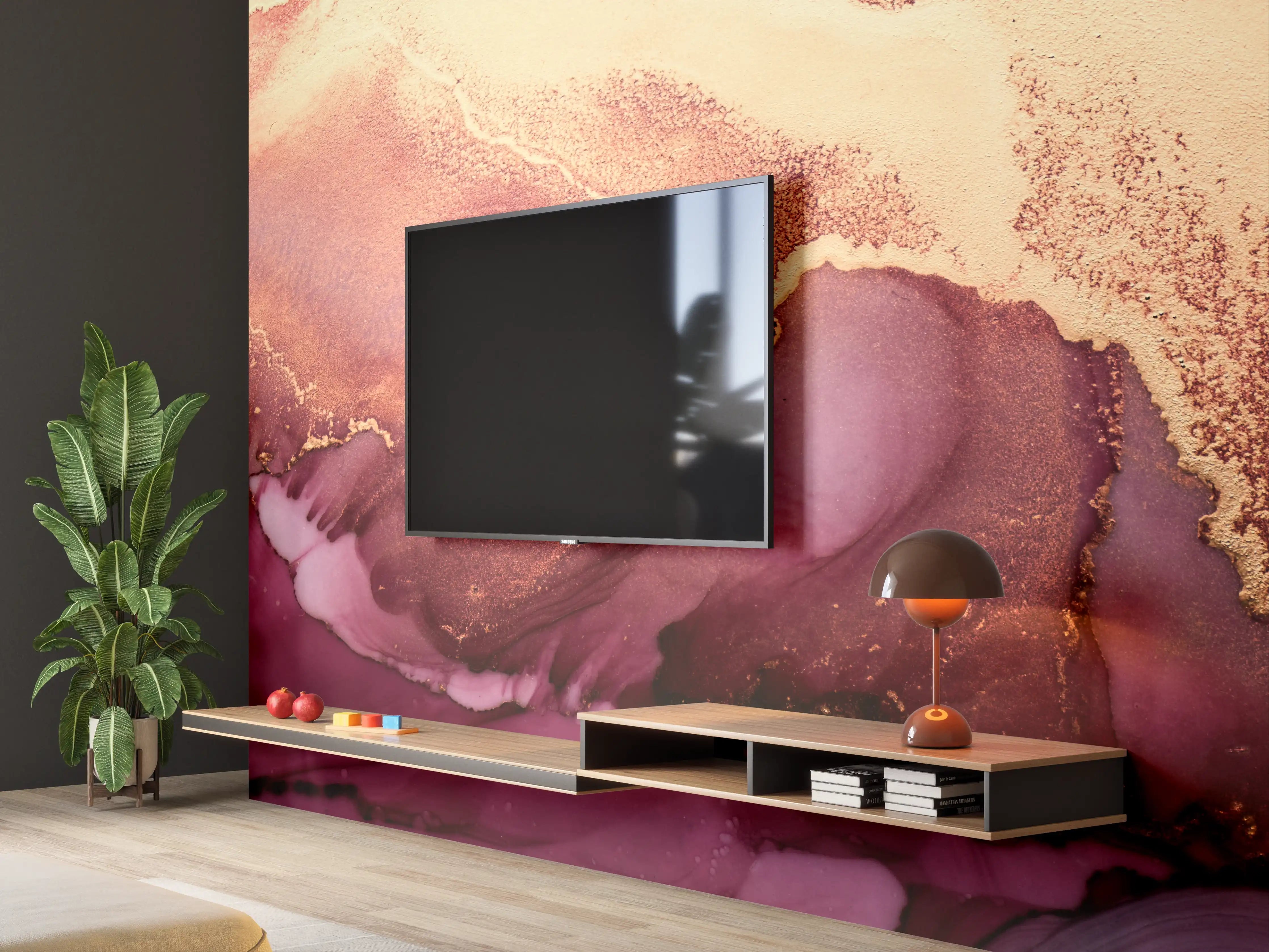 Wandverkleidung Wohnzimmer - Abstraktes Kunstwerk in Bergamotte und Lila