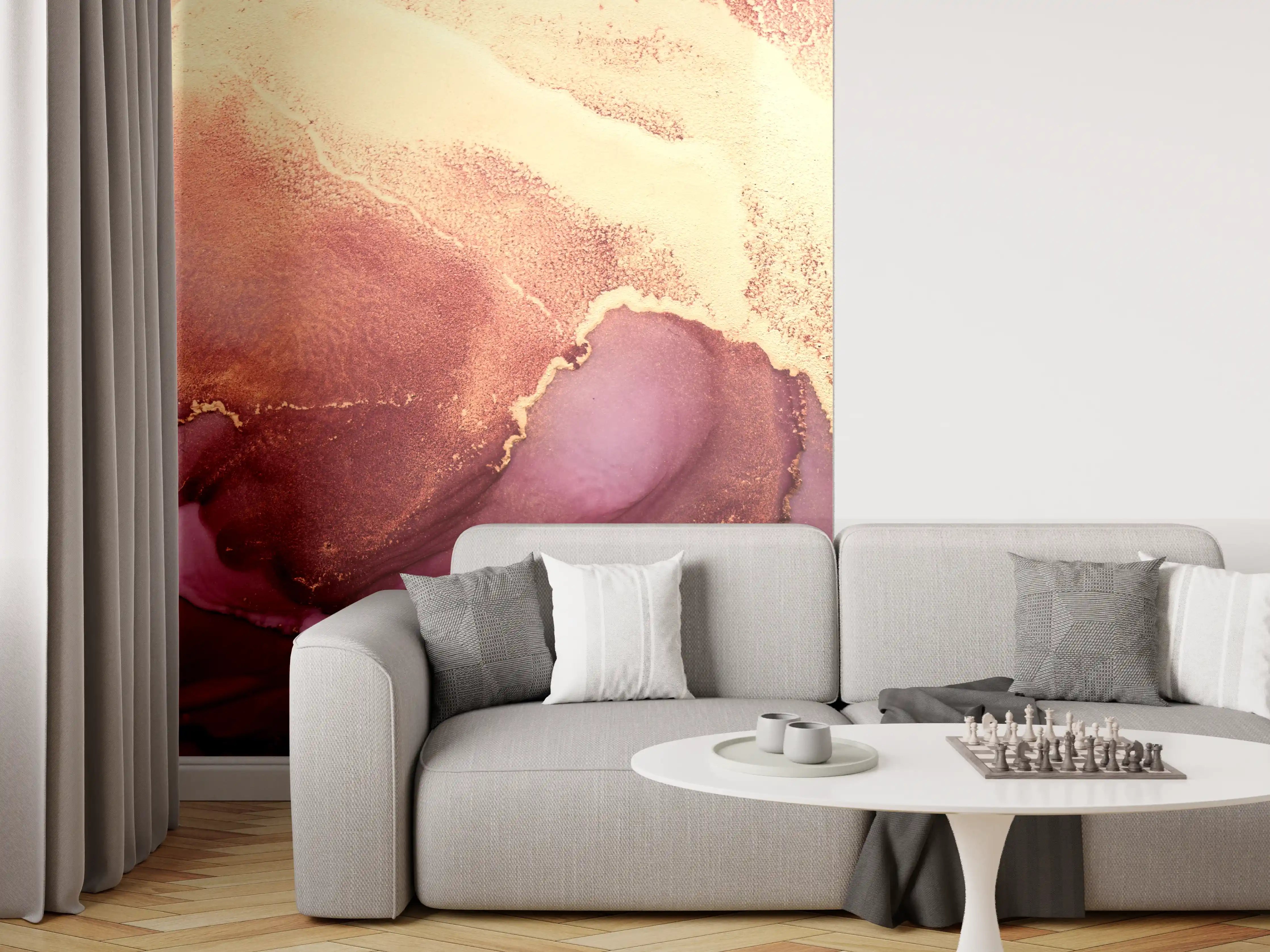 Wandverkleidung Wohnzimmer - Abstraktes Kunstwerk in Bergamotte und Lila