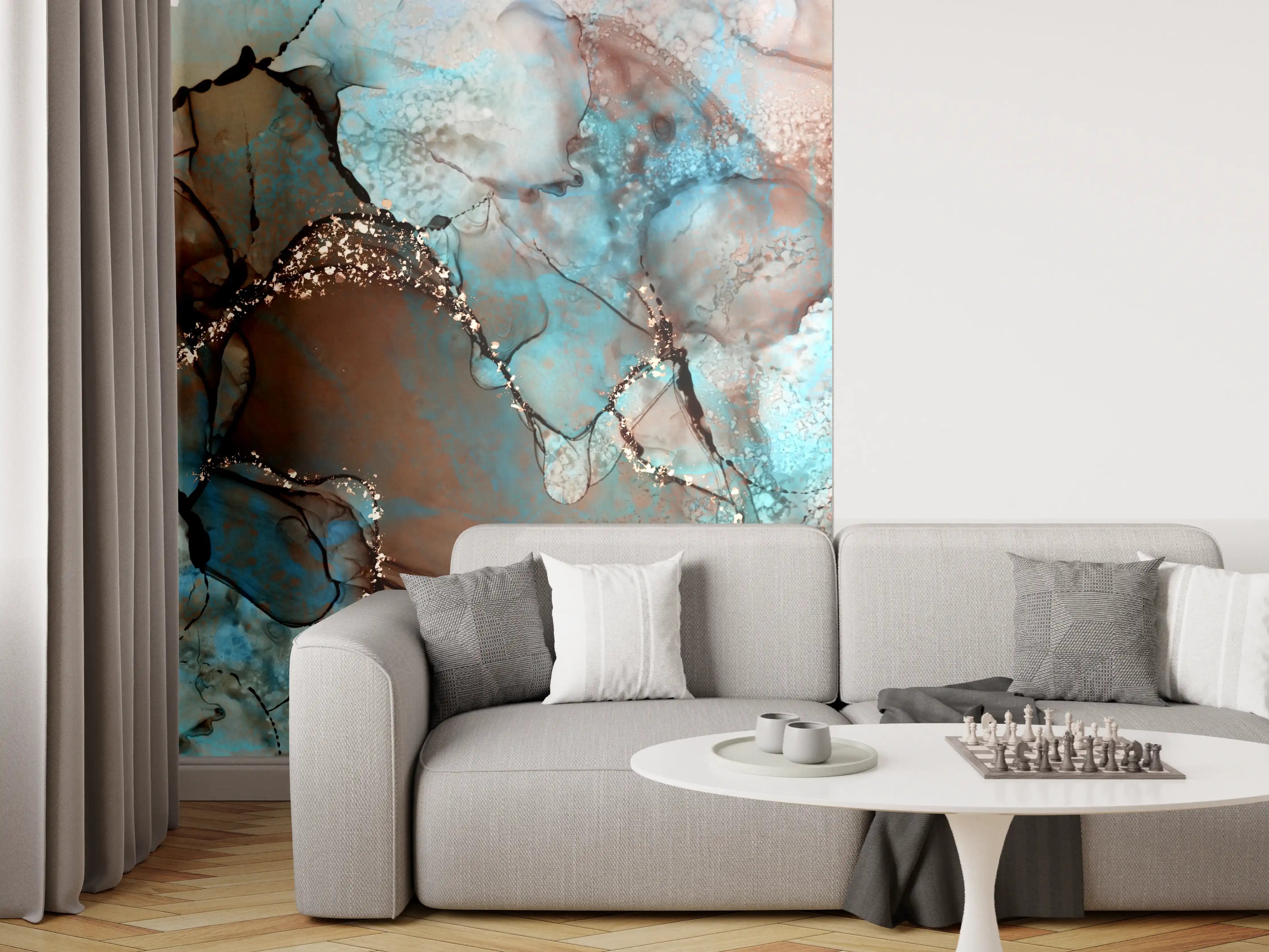 Wandverkleidung Wohnzimmer - Abstraktes Kunstwerk in Blau und Braun