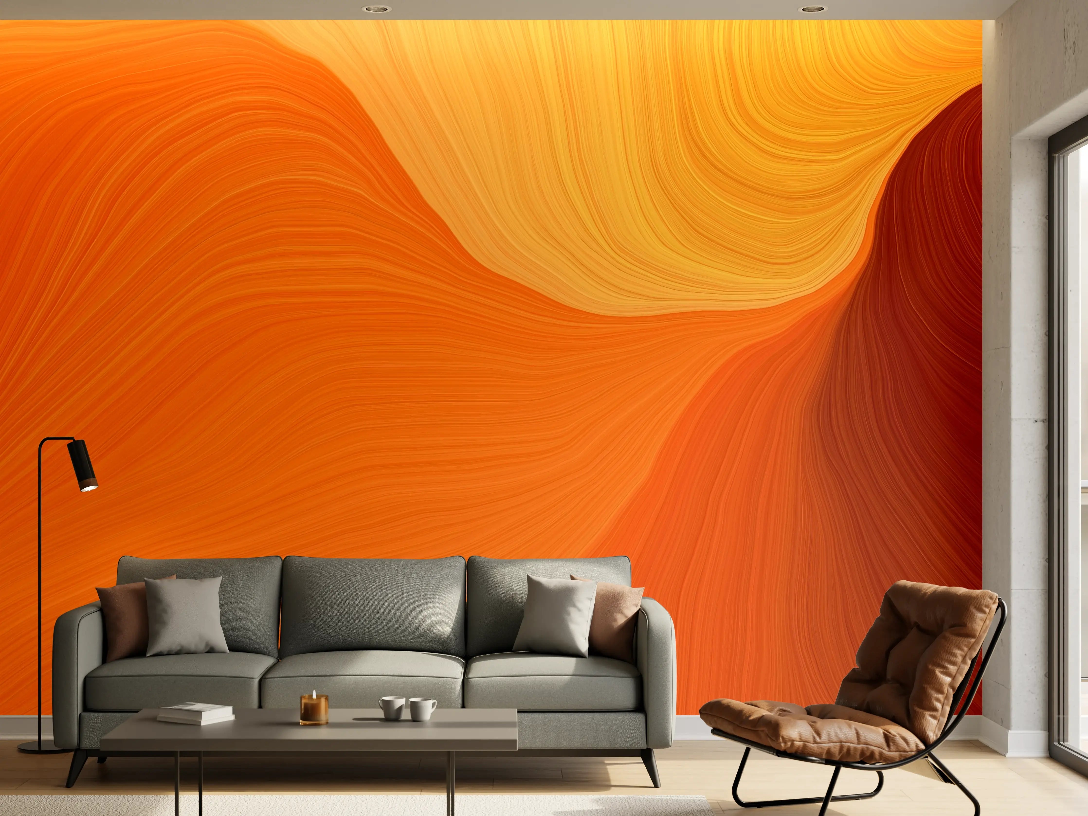 Wandverkleidung Wohnzimmer - Abstraktes Orange-Wellendesign