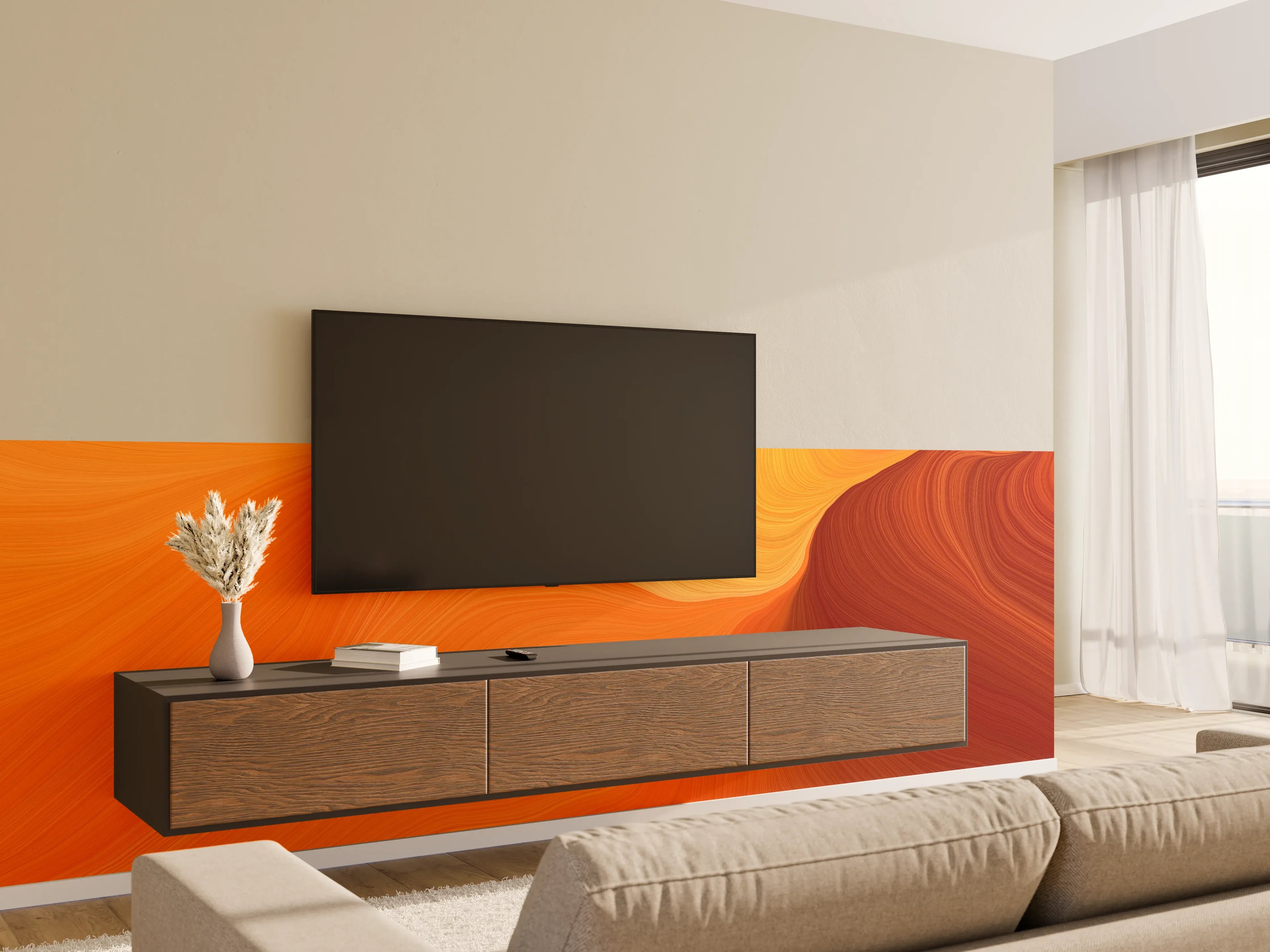 Wandverkleidung Wohnzimmer - Abstraktes Orange-Wellendesign