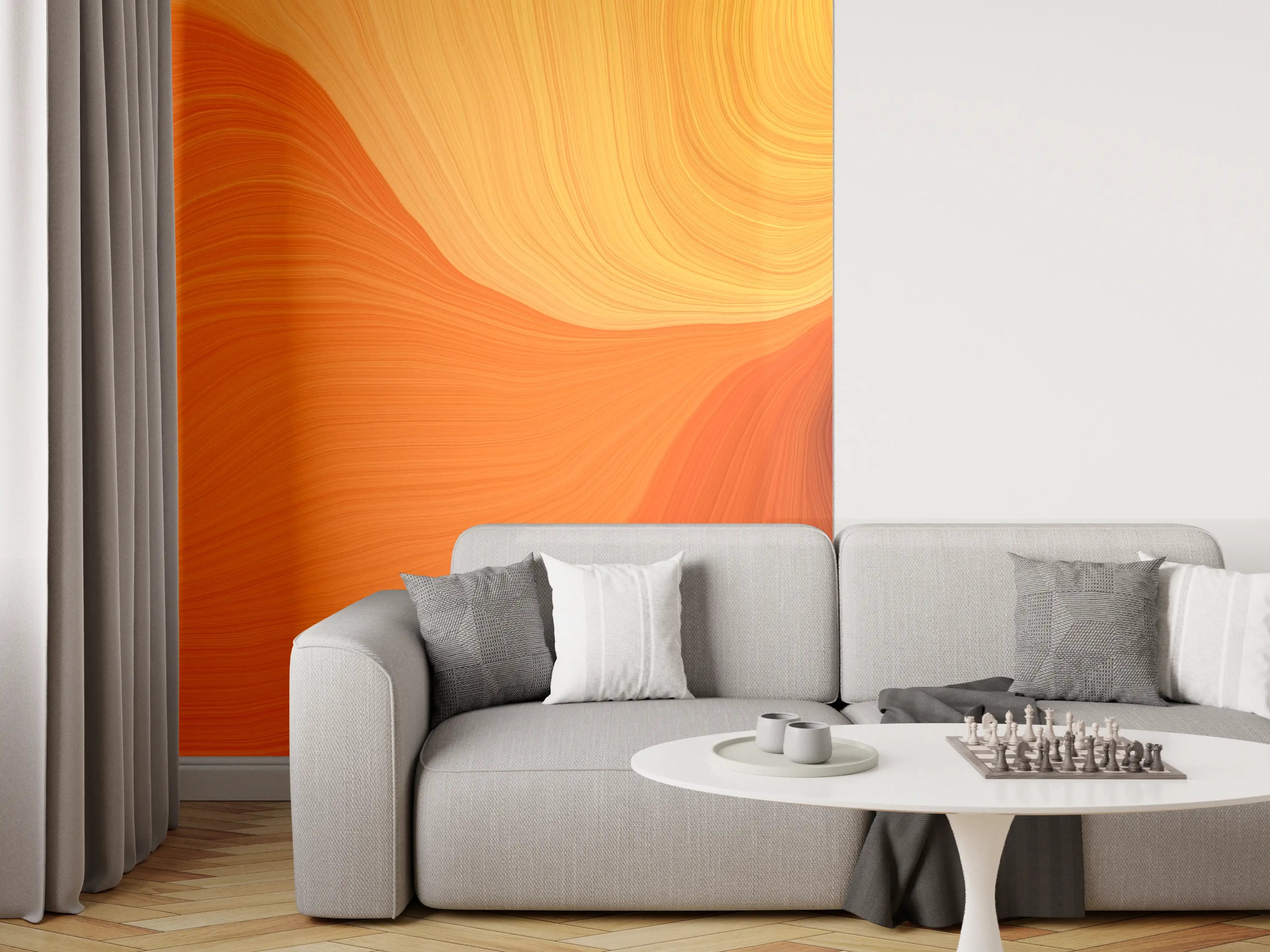 Wandverkleidung Wohnzimmer - Abstraktes Orange-Wellendesign