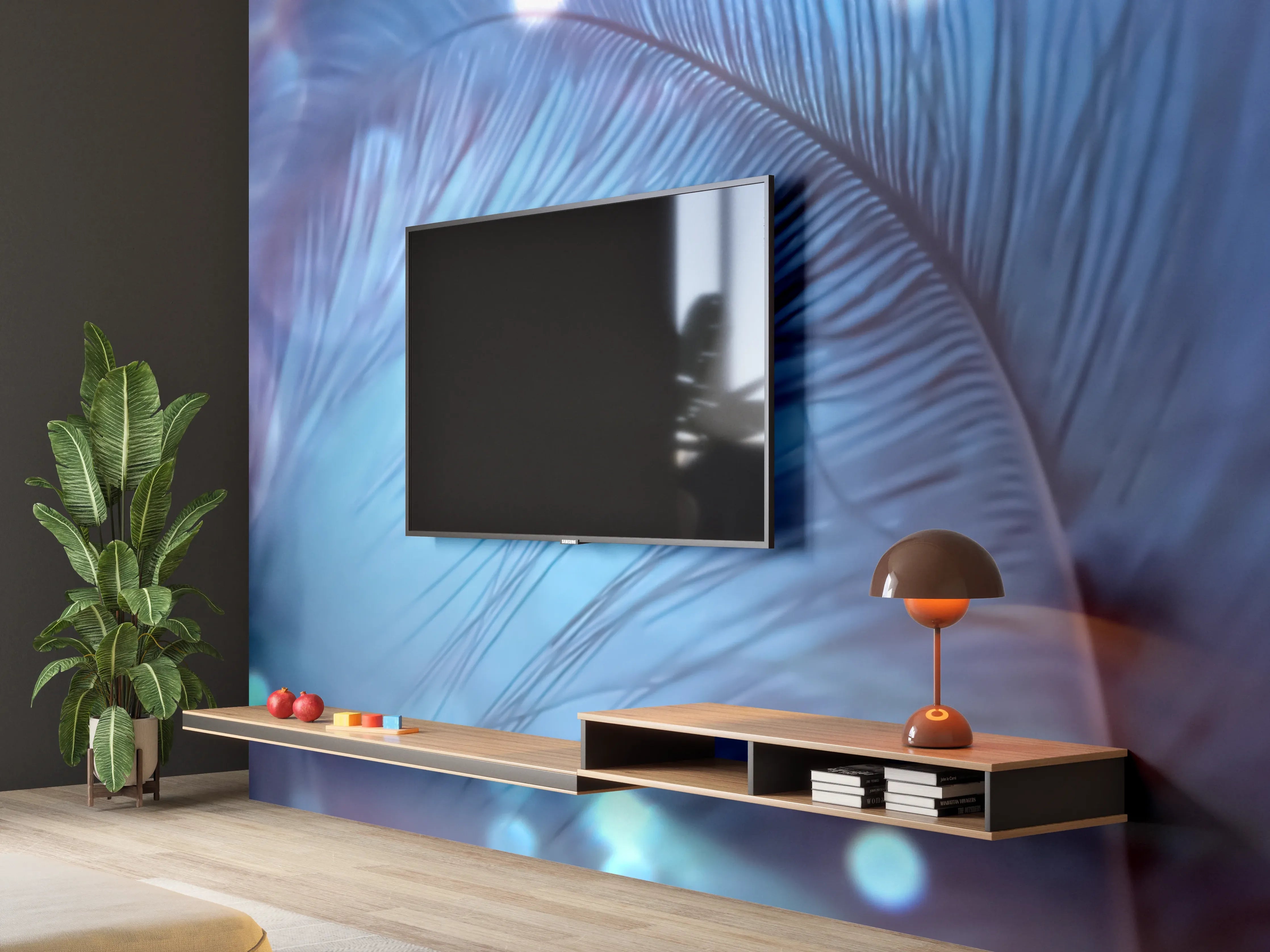 Wandverkleidung Wohnzimmer - Abstraktes blaues Muster mit Lichtpunkten