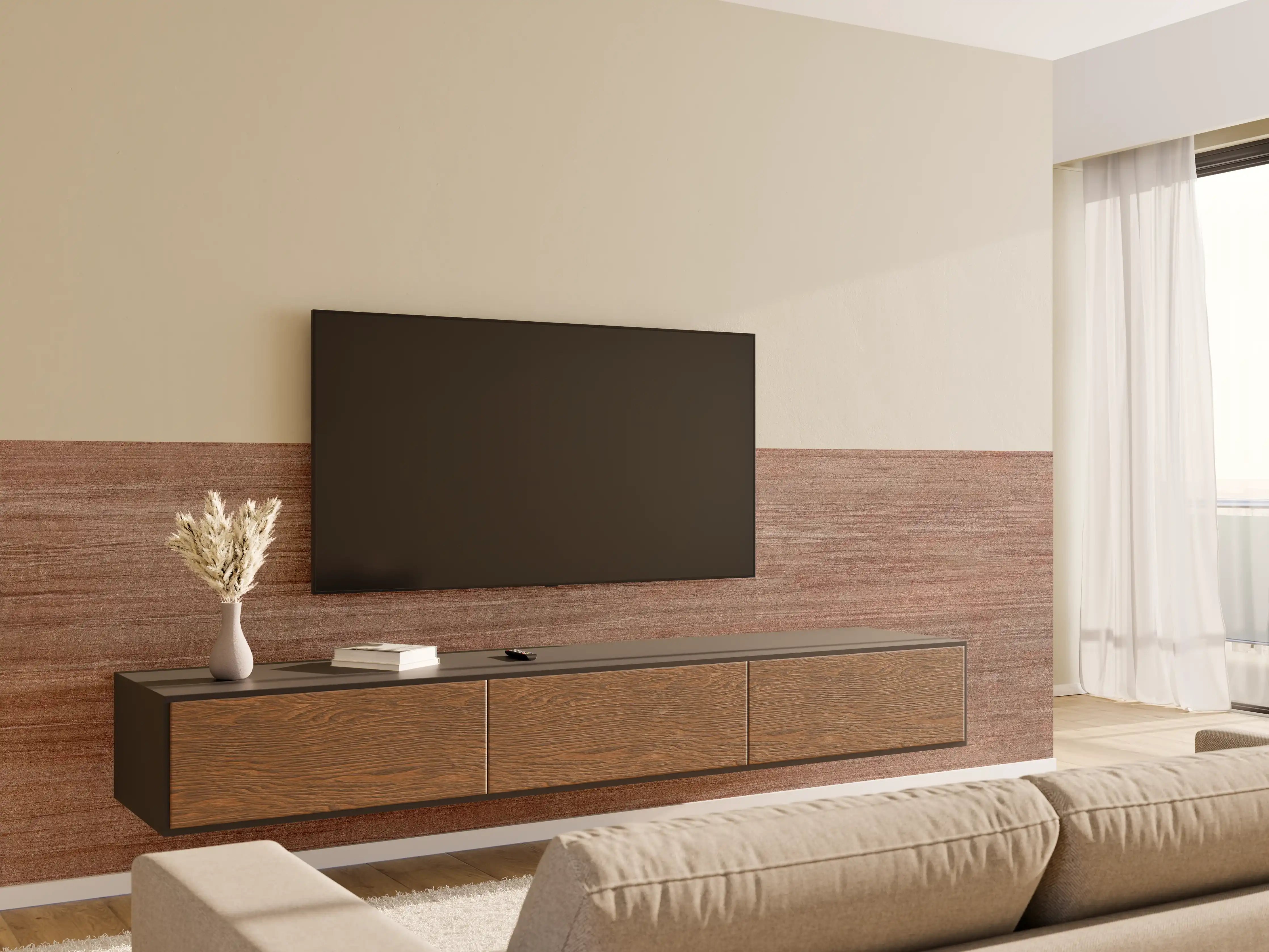 Wandverkleidung Wohnzimmer - Abstraktes bräunlich dunkles Holz