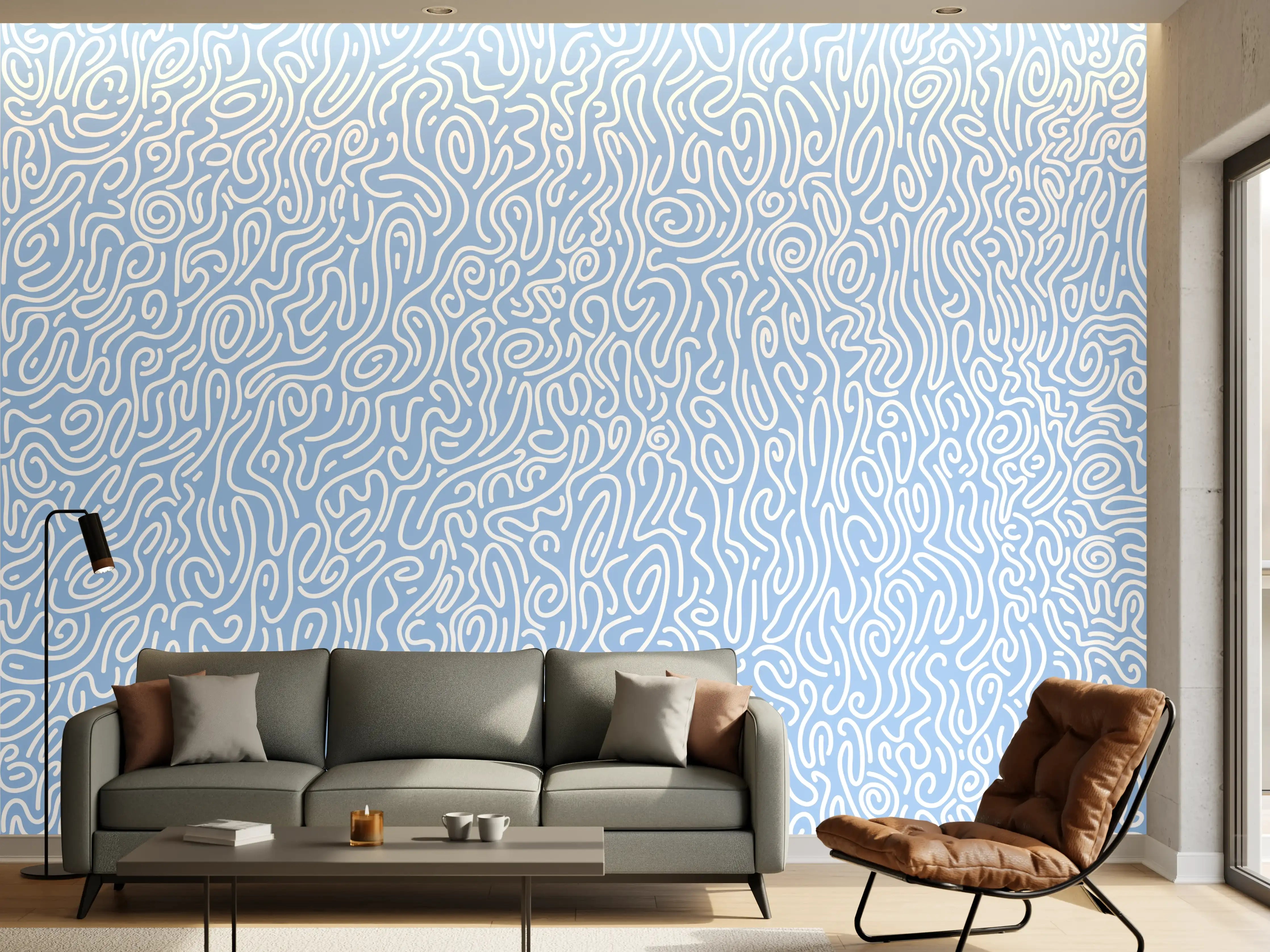 Wandverkleidung Wohnzimmer - Abstraktes, modernes Muster in Blau und Weiß
