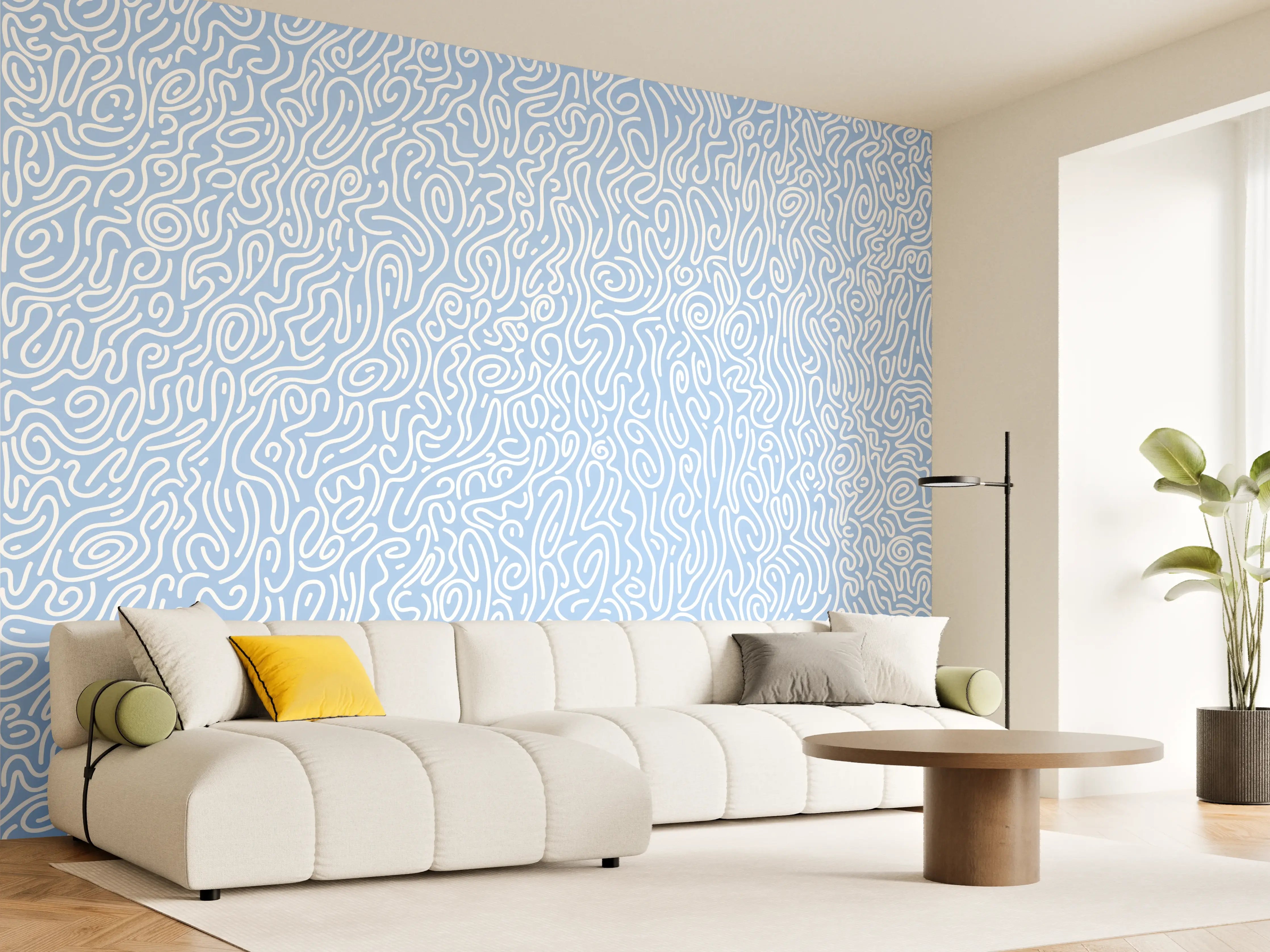 Wandverkleidung Wohnzimmer - Abstraktes, modernes Muster in Blau und Weiß