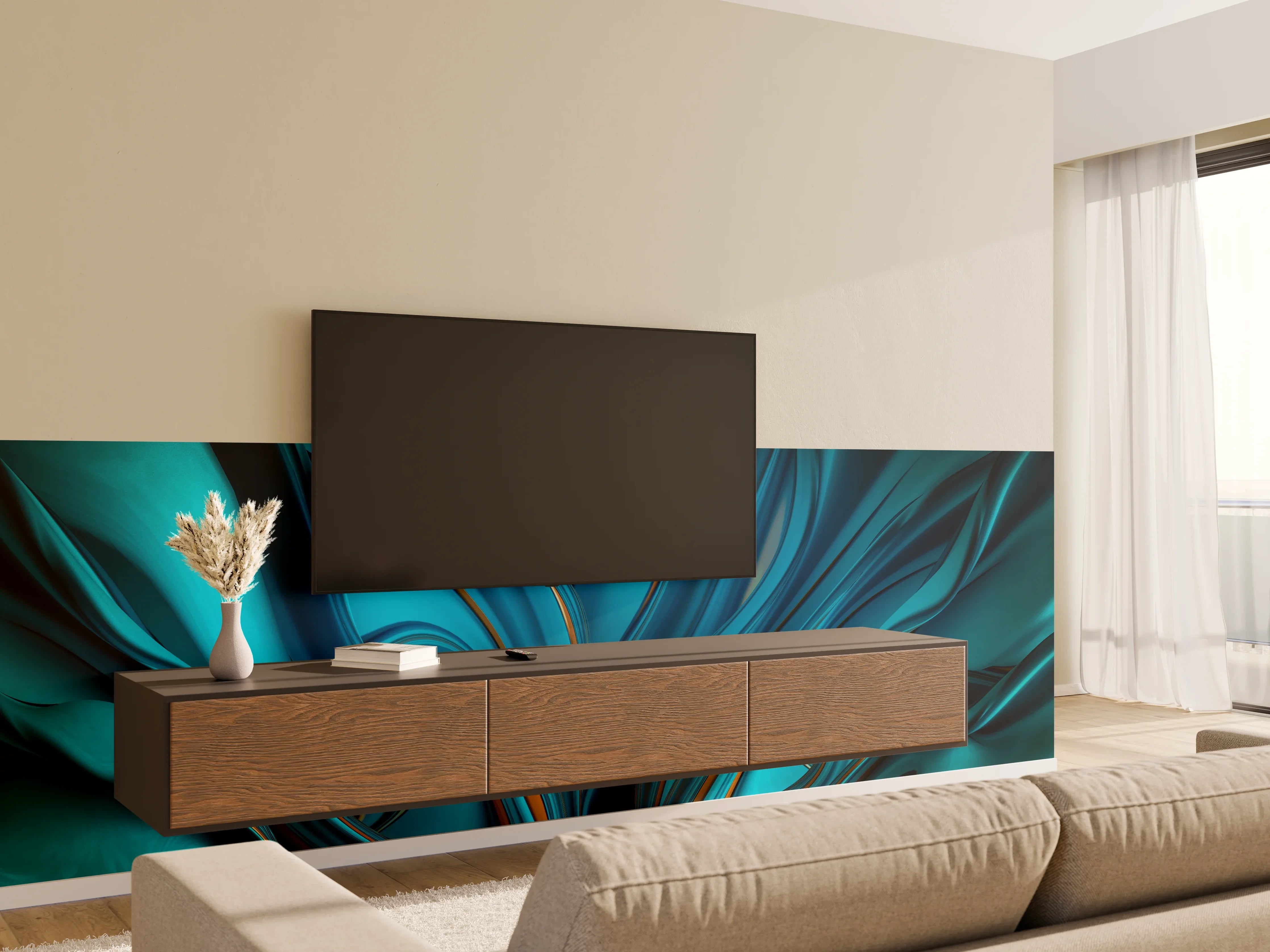 Wandverkleidung Wohnzimmer - Abstraktive digitale Kunst in Blau-Grün-Tönen