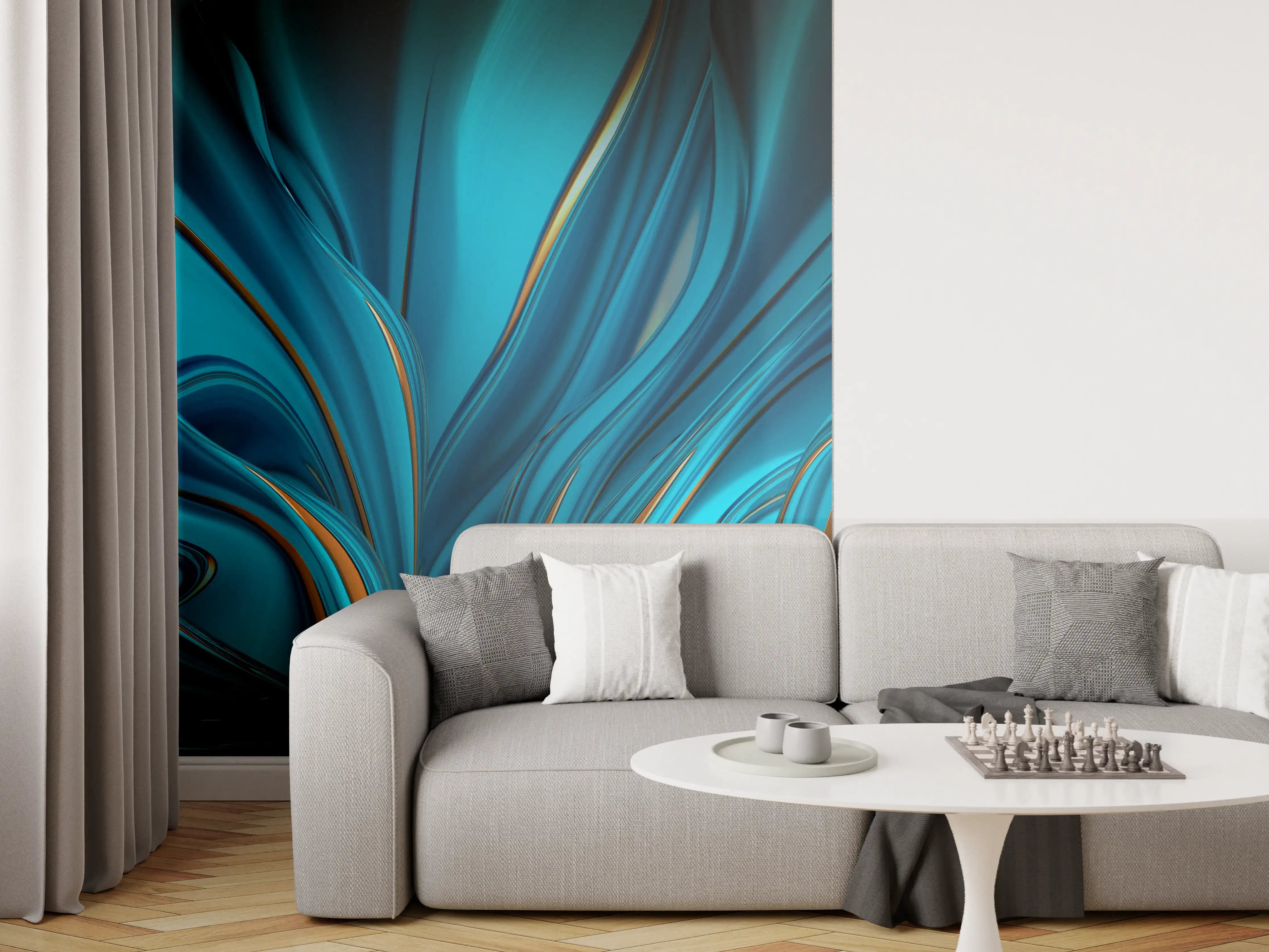 Wandverkleidung Wohnzimmer - Abstraktive digitale Kunst in Blau-Grün-Tönen