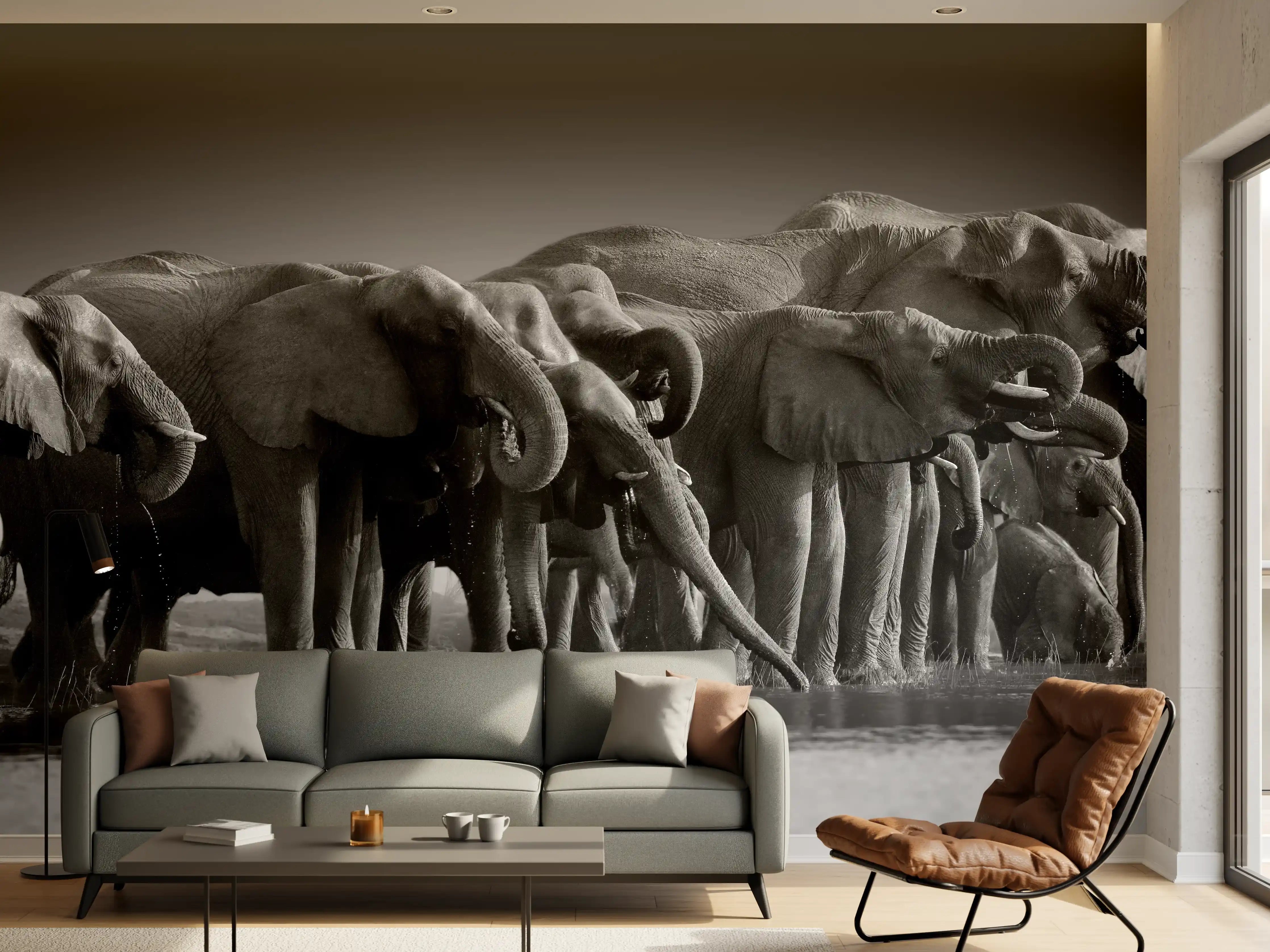 Wandverkleidung Wohnzimmer - Afrikanische Elefantenherde (Schwarz-Weiß)
