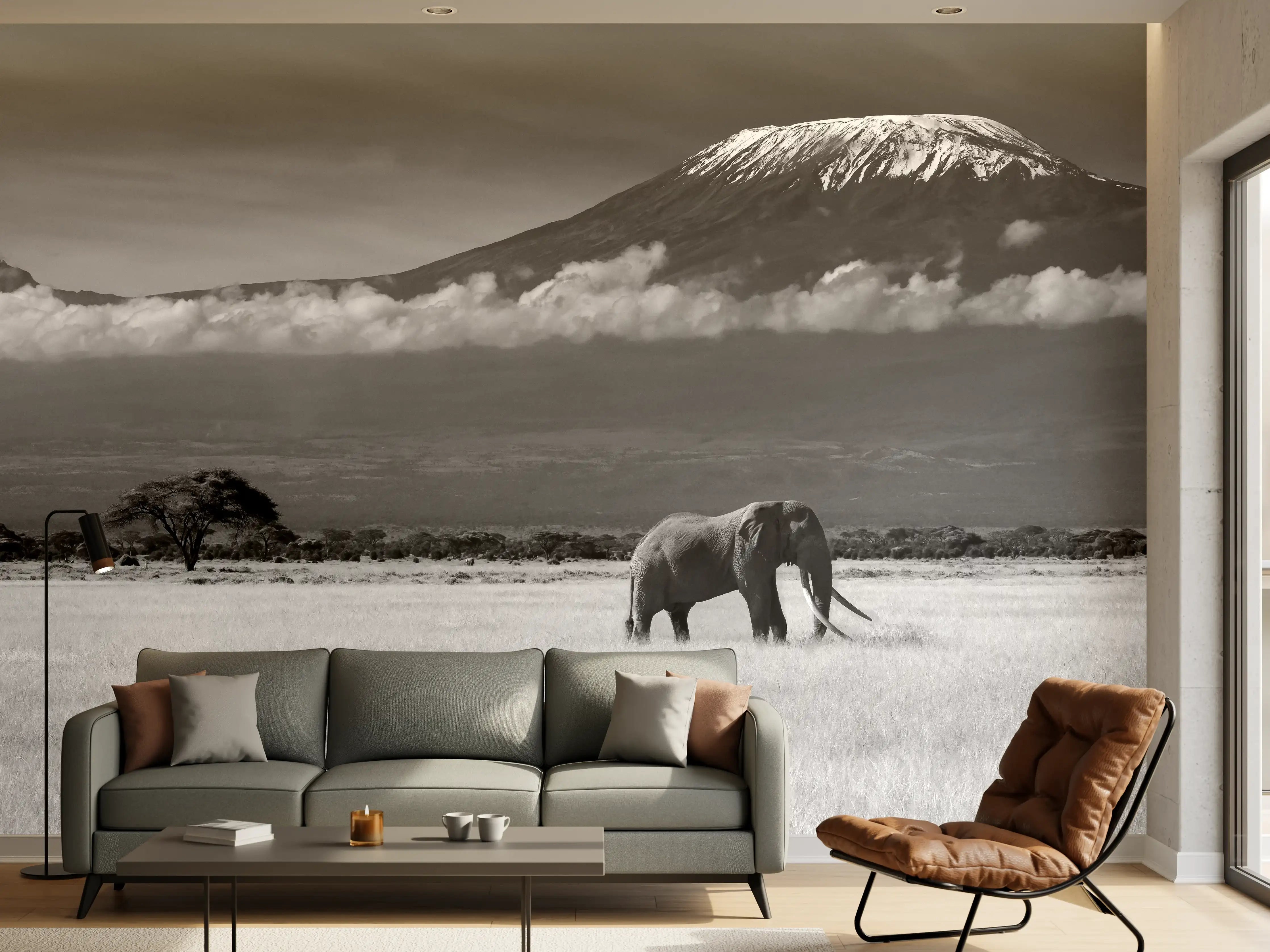 Wandverkleidung Wohnzimmer - Afrikanische Landschaft - Schwarz-weiß