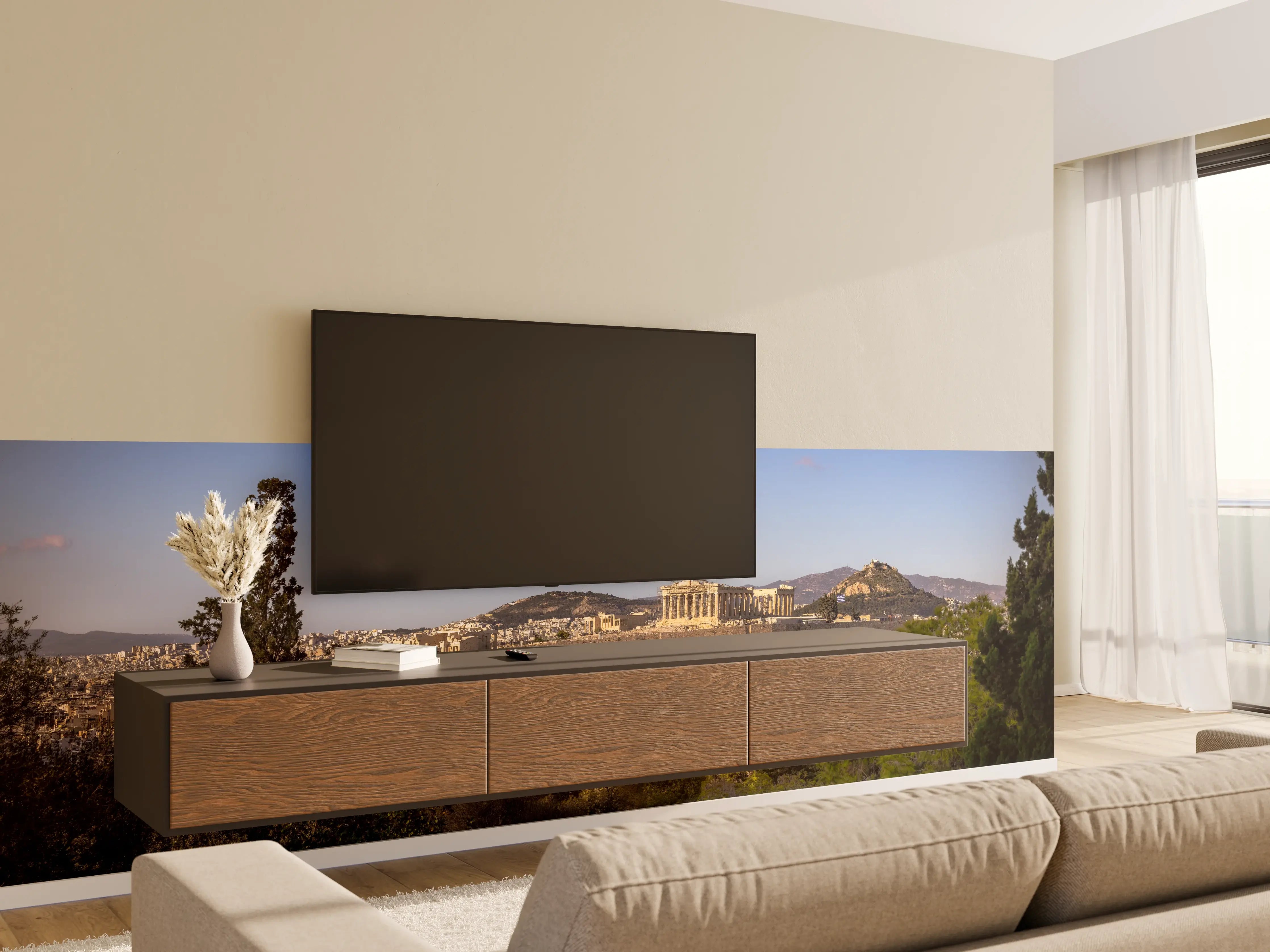 Wandverkleidung Wohnzimmer - Akropolis Panorama Beige-Blau