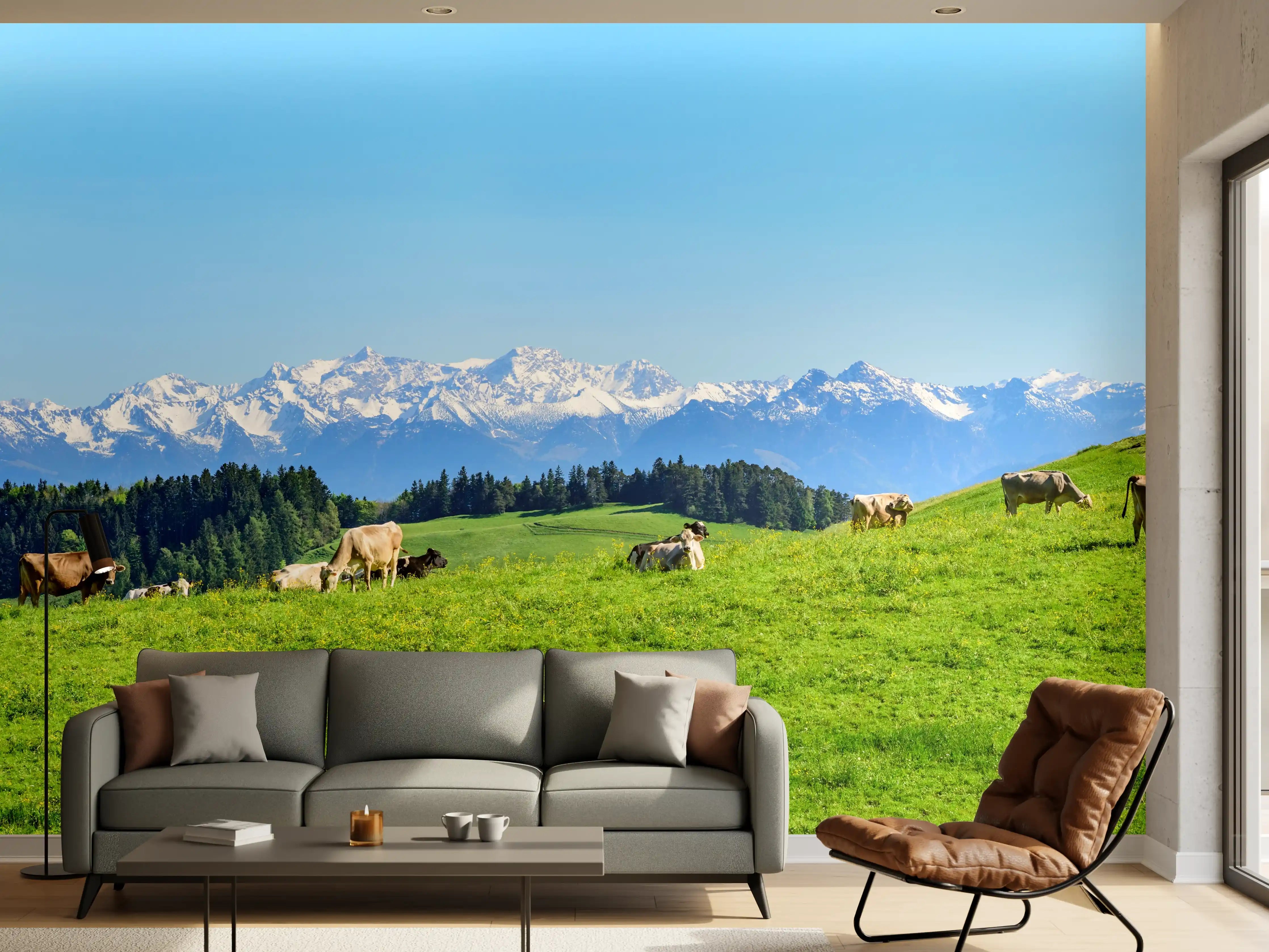 Wandverkleidung Wohnzimmer - Almwiese mit Kühen und Alpenblick